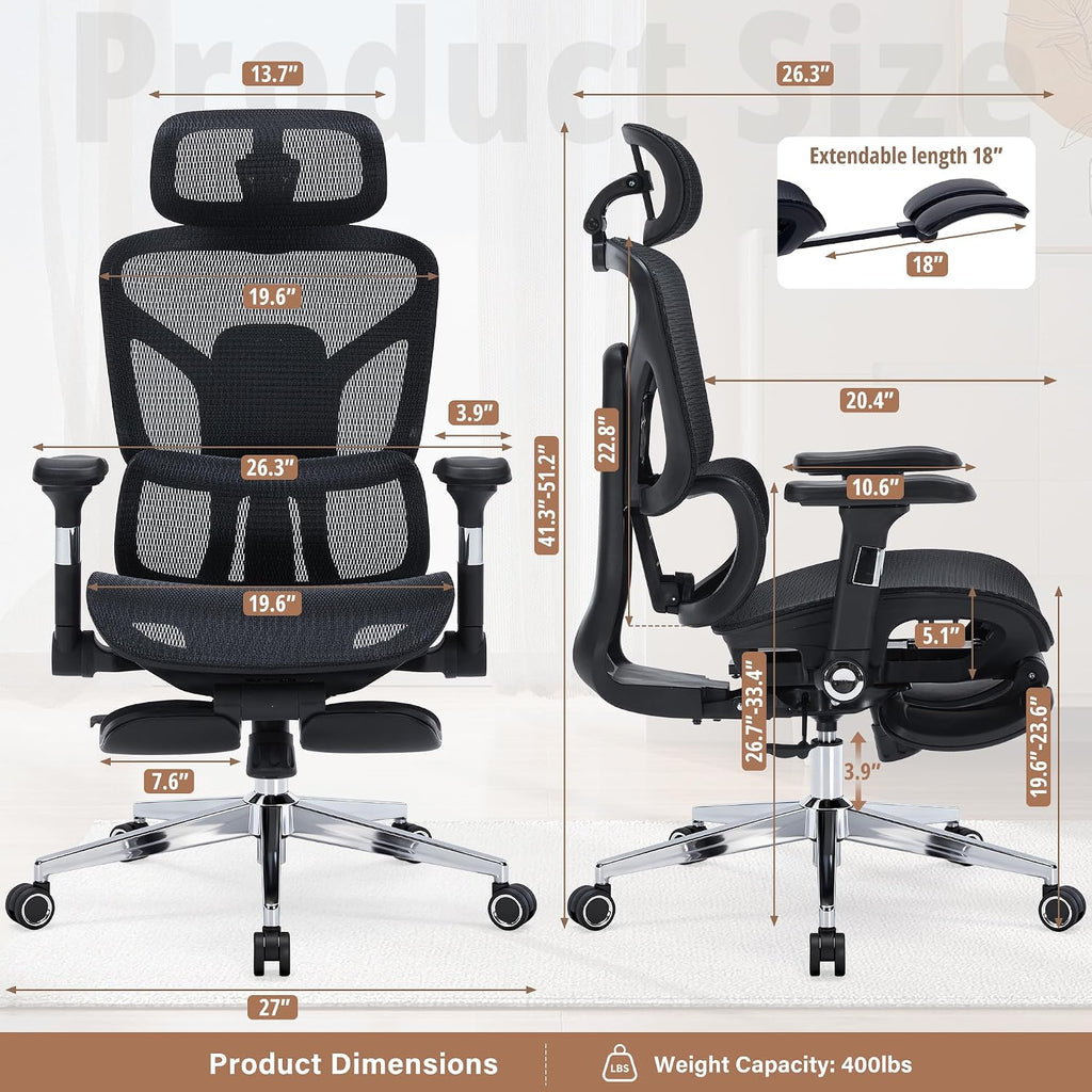 High Back Mesh Ergonomic Office Chair with 3D Lumbar Support, Adjustable Headrest & Backrest, 5D Armrests, Footrest, Swivel Computer Desk Chair with Heavy Duty Metal Base, 400lbs Weight Capacity