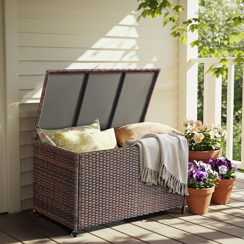 AVAWING 180 Gallon Large Deck Box, Outdoor Wicker Storage Container, Patio Rattan Furniture for Garden Tools, Pillows, Pool, Brown