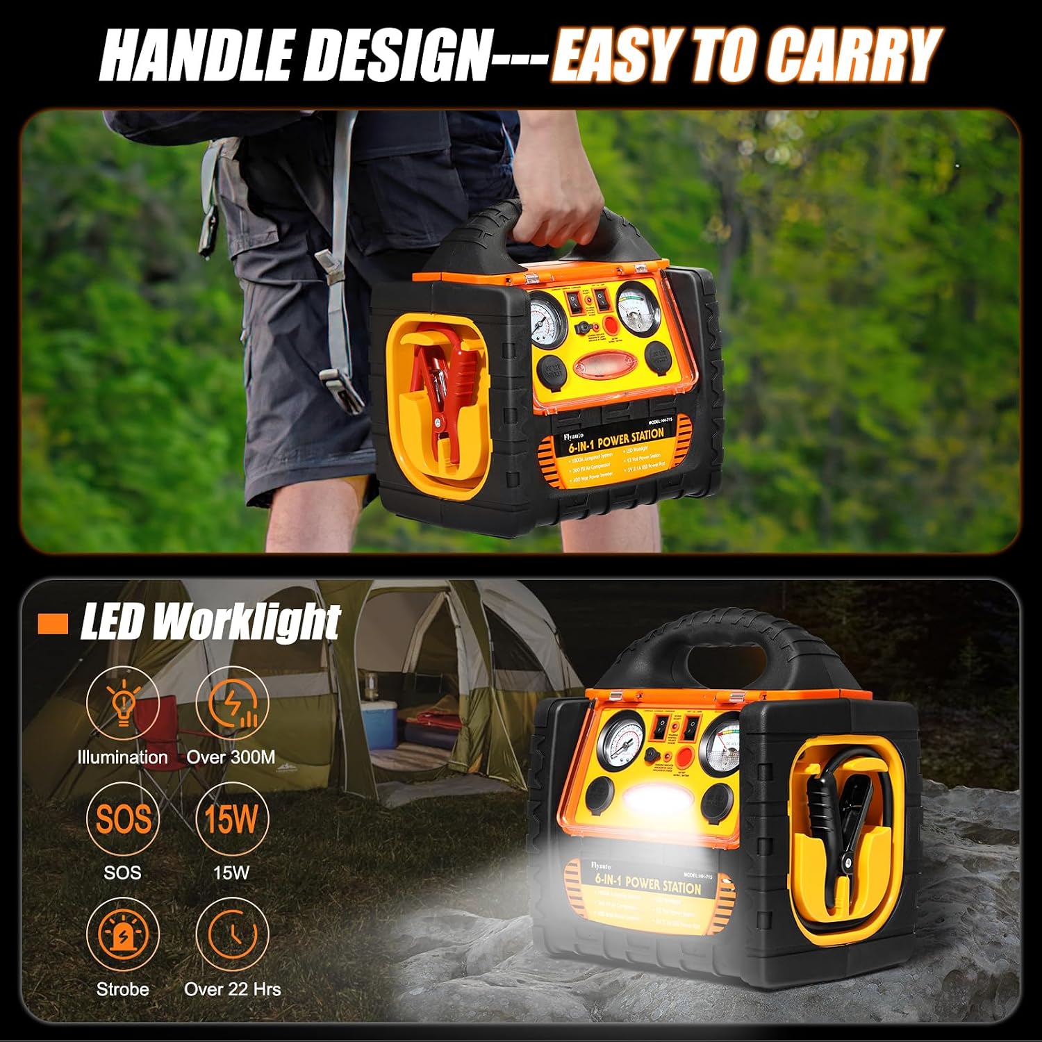 2200A Car Jump Starter with Air Compressor 150PSI,12V Portable Battery Jump Box (8.5L Gas/8L Diesel), Battery Booster with 400W Power Station AC/DC/USB