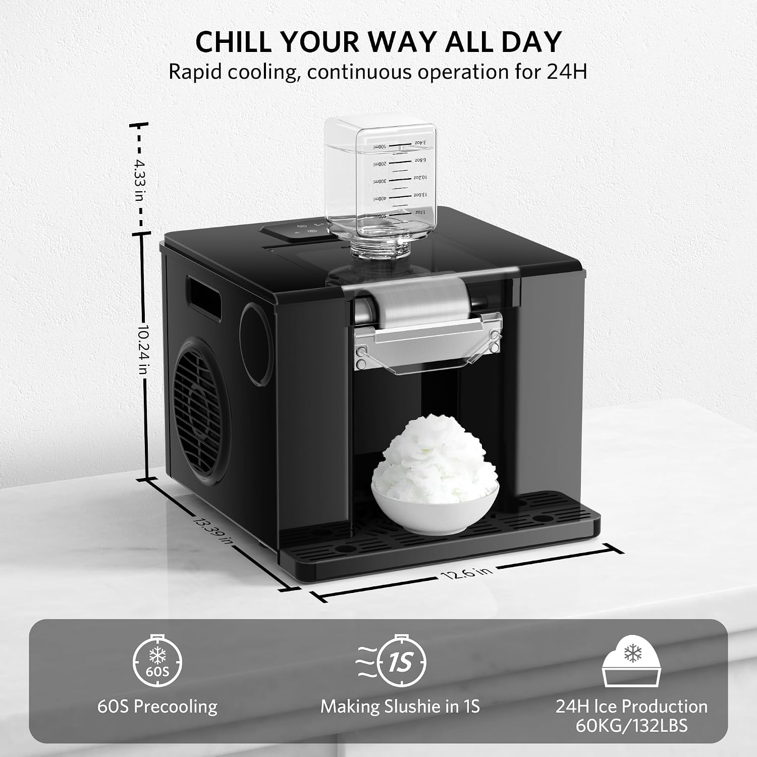 Shaved Ice Machine with Compressor | 60s Fast Fluffy Slushie & Snow Cone Maker | No Pre-Freezing | Sugar-Free Friendly | Self-Cleaning | 16oz Frozen Drink Maker for Home, Party & RV