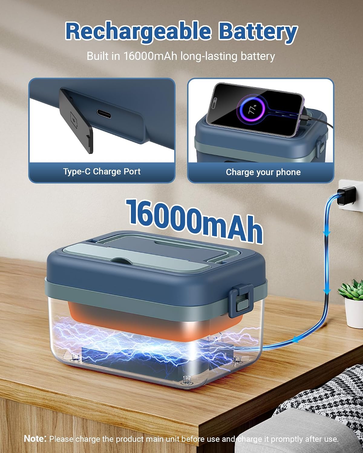 2026 Upgraded Heated Lunch Box for Adults, 16000mAh Cordless Rechargeable Electric Lunch Box with 1L Stainless Steel Container, Self-Heating Food Warmer for Work, Office & Travel