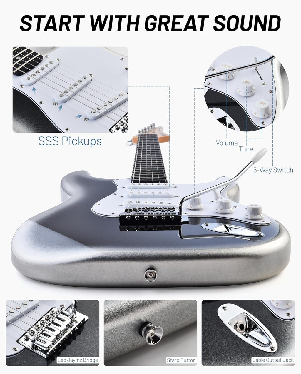 Leo Jaymz Beginner Electric Guitar Complete Kit with Portable Amp, Padded Gig Bag & Full Accessories, Maple Neck SSS Pickups(White-Black Fade)