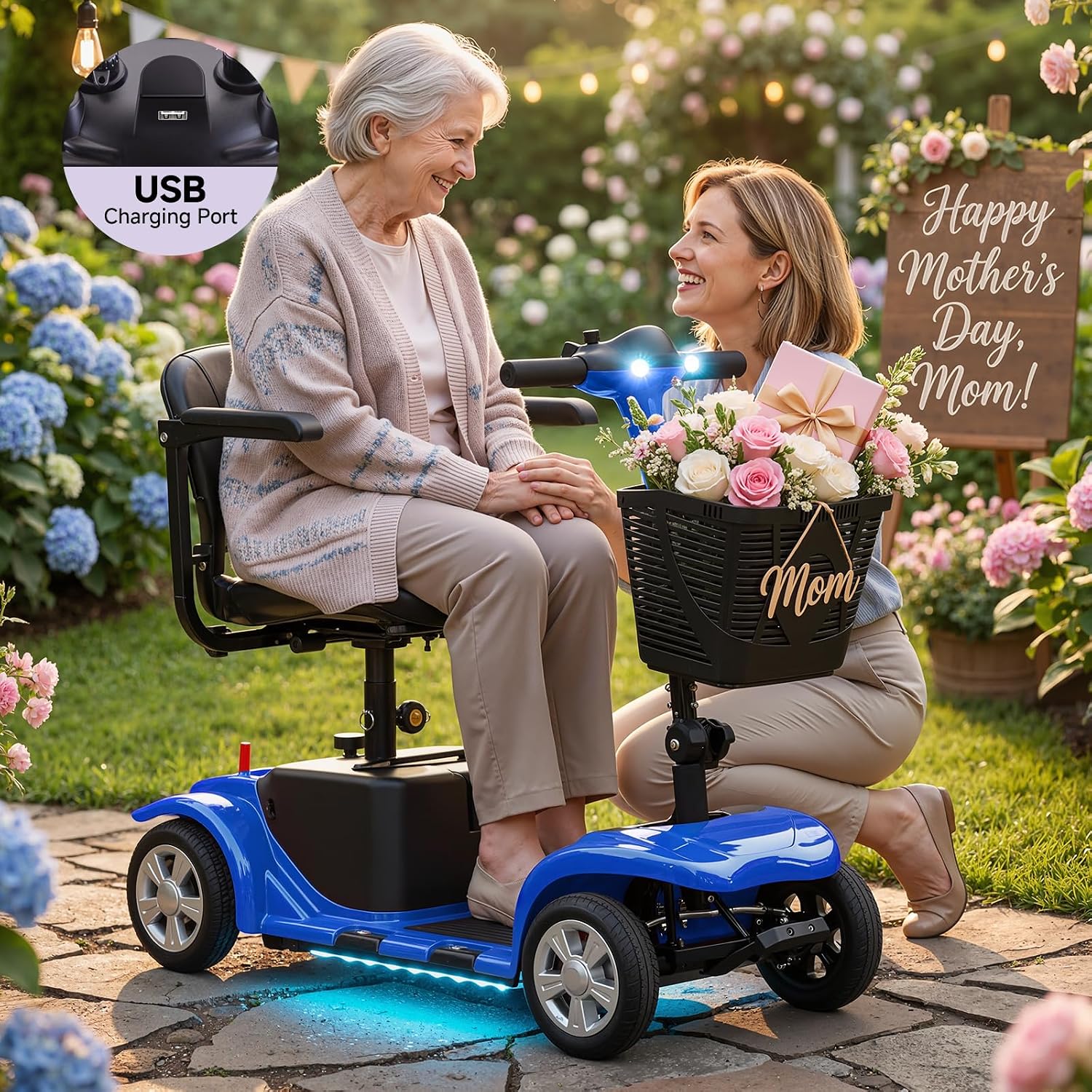 Mobility Scooter for Adults, Senior, 4 Wheels Electric Powered Chargeable Device for Travel, Lightweight Mobility Scooter, with LED Headlights and Basket, Charger Included