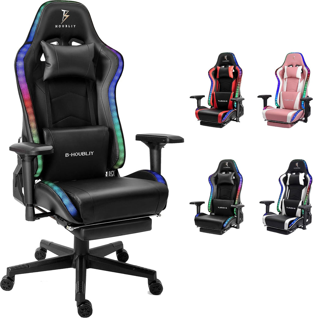 Ergonomic Gaming Chair with Speakers and LED Light - Full Massage Lumbar Support, High Back Office Chair - Recliner with Footrest and Lumbar Support, Adults Teens Computer Chair.,Black