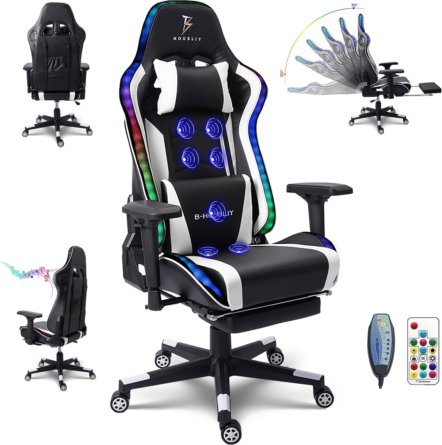 PC and Racing Game Chair,Massage Gaming Chair with Speakers, Ergonomic Chair with Headrest and Lumbar Support,Music Video Chair for Adults with RGB Light and Footrest,Backrest Adjustable.,Whi
