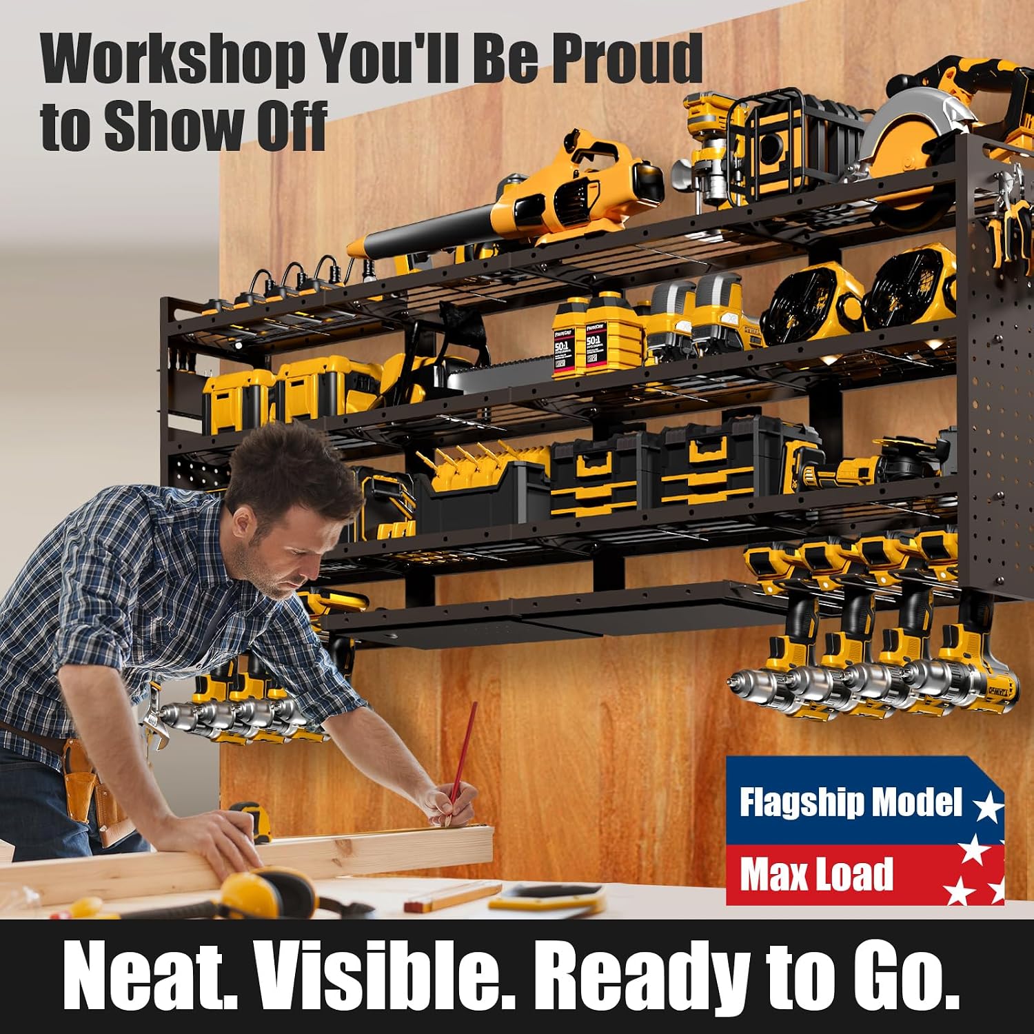 XLarge 64''W Power Tool Organizer Wall Mount | 8-Outlet TR Charging Station | Modular&Corner-Fit 820lbs Garage Storage Rack with 8 Cordless Drill Holder | Shelf for Workshop Organization