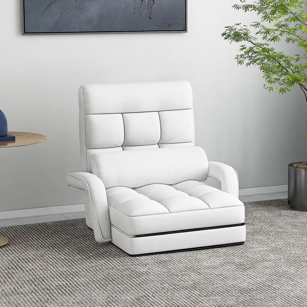 KOMFOTT Foldable Floor Lazy Sofa Chair, Indoor Chaise Lounge Chair with 6 Positions Adjustable Backrest, Detachable Seat Cushion, Armrests & Pillow, Cozy Floor Chair for Living Room, Bedroom (White)