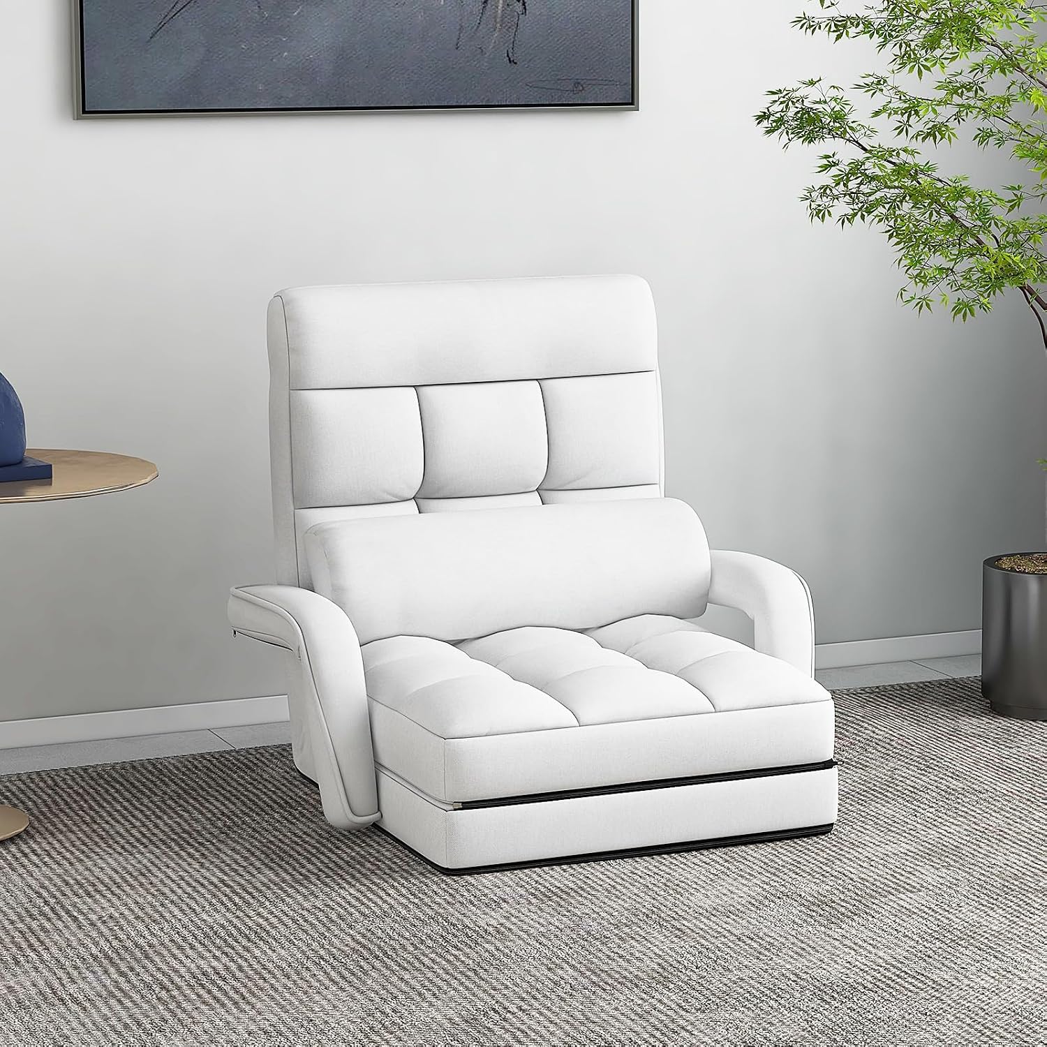 KOMFOTT Foldable Floor Lazy Sofa Chair, Indoor Chaise Lounge Chair with 6 Positions Adjustable Backrest, Detachable Seat Cushion, Armrests & Pillow, Cozy Floor Chair for Living Room, Bedroom (White)
