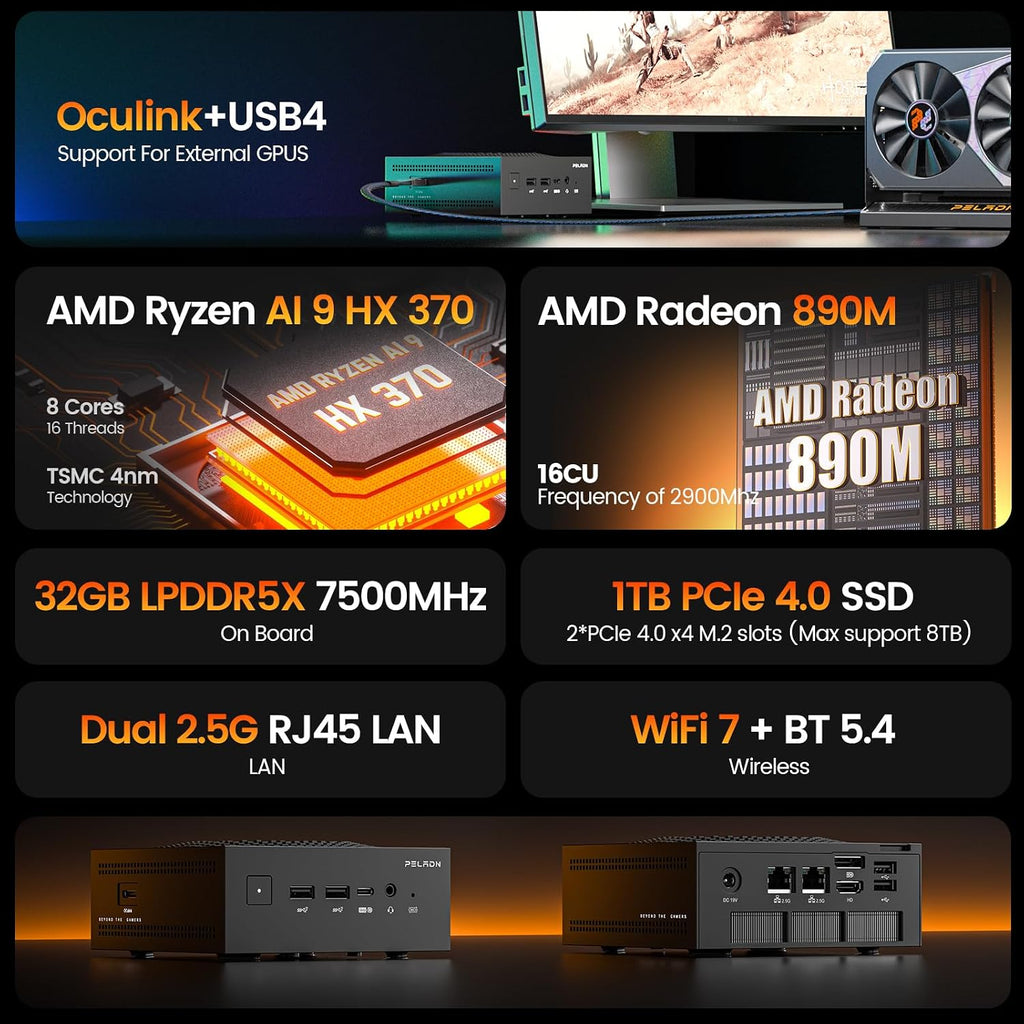 PELADN Mini PC, Ryzen AI 9 HX 370,32GB LPDDR5X/1TB PCIe 4.0 SSD,Dual 2.5G LAN,USB4 20Gbps Type-C/DP/HD,WiFi7 4K/60Hz Triple-Display USB3.2/BT5.4 Mini Computers