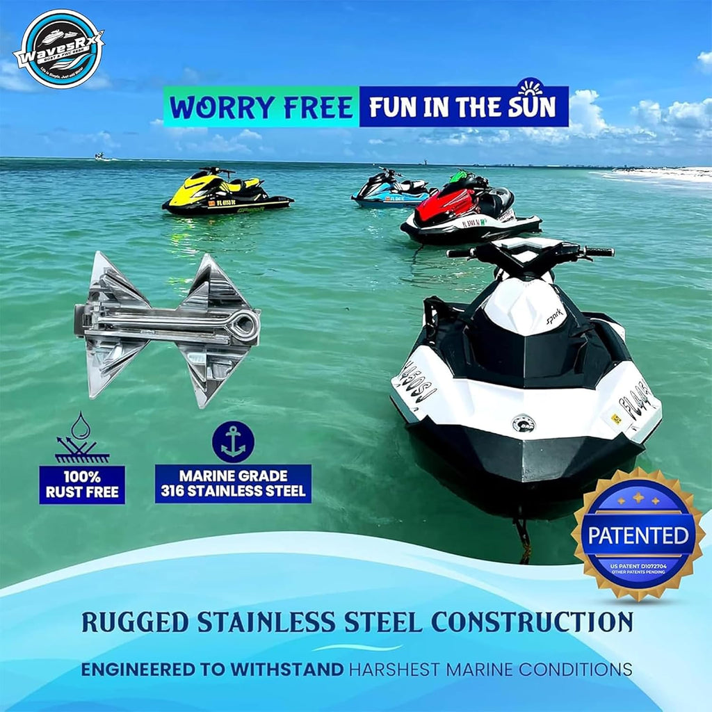 WAVESRX TriAnchor - Stainless Steel Folding PWC & Boat Anchor | Sets Instantly for Effortless Boat & Jet Ski Anchoring | Compact Patent-Pending Design Grips Better Than Plow, Fluke or Box Anchor
