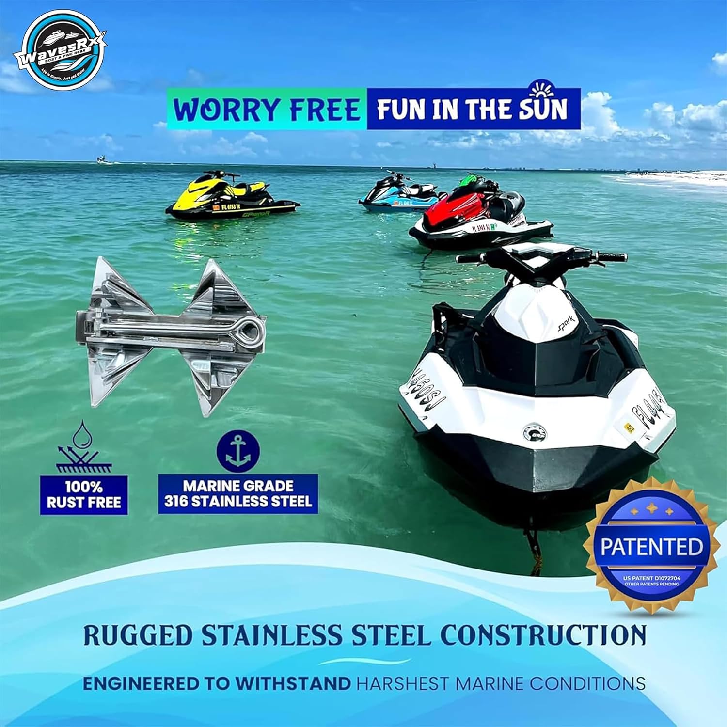 WAVESRX TriAnchor - Stainless Steel Folding PWC & Boat Anchor | Sets Instantly for Effortless Boat & Jet Ski Anchoring | Compact Patent-Pending Design Grips Better Than Plow, Fluke or Box Anchor