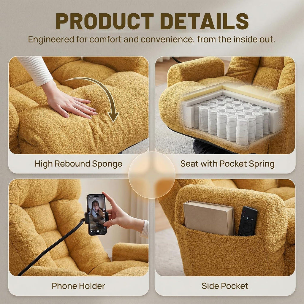 360° Swivel Floor Gaming Chair Yellow Teddy Folding Chaise Lounge Chair Adjustable Comfy Sofa Chair with Armrests, Phone Holder & Padded Cushion, Ideal for Living Room, Bedroom