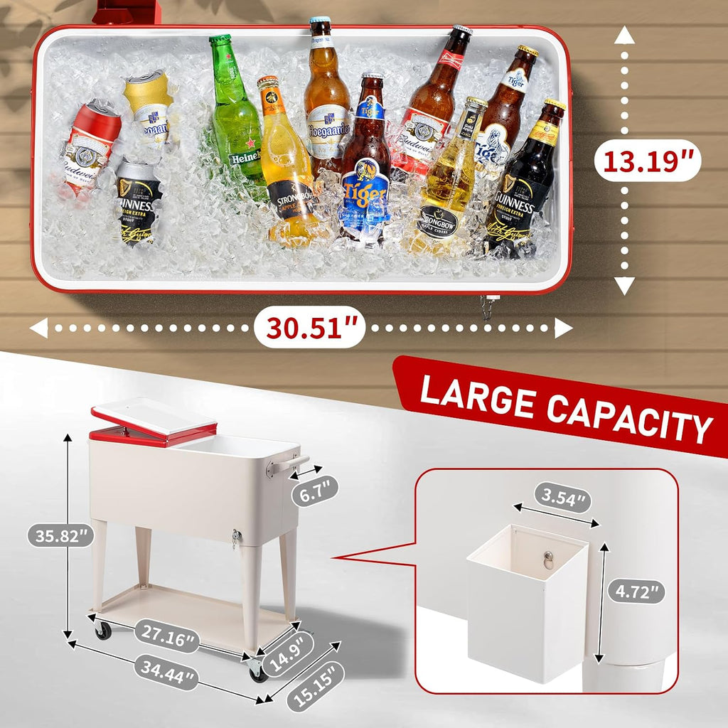Outvita 80 Quart Rolling Ice Chest, Portable Bar Drink Cooler with Catch Basin, Bottom Storage Tray and Bottle Opener for Patio Party BBQ Beach Activities