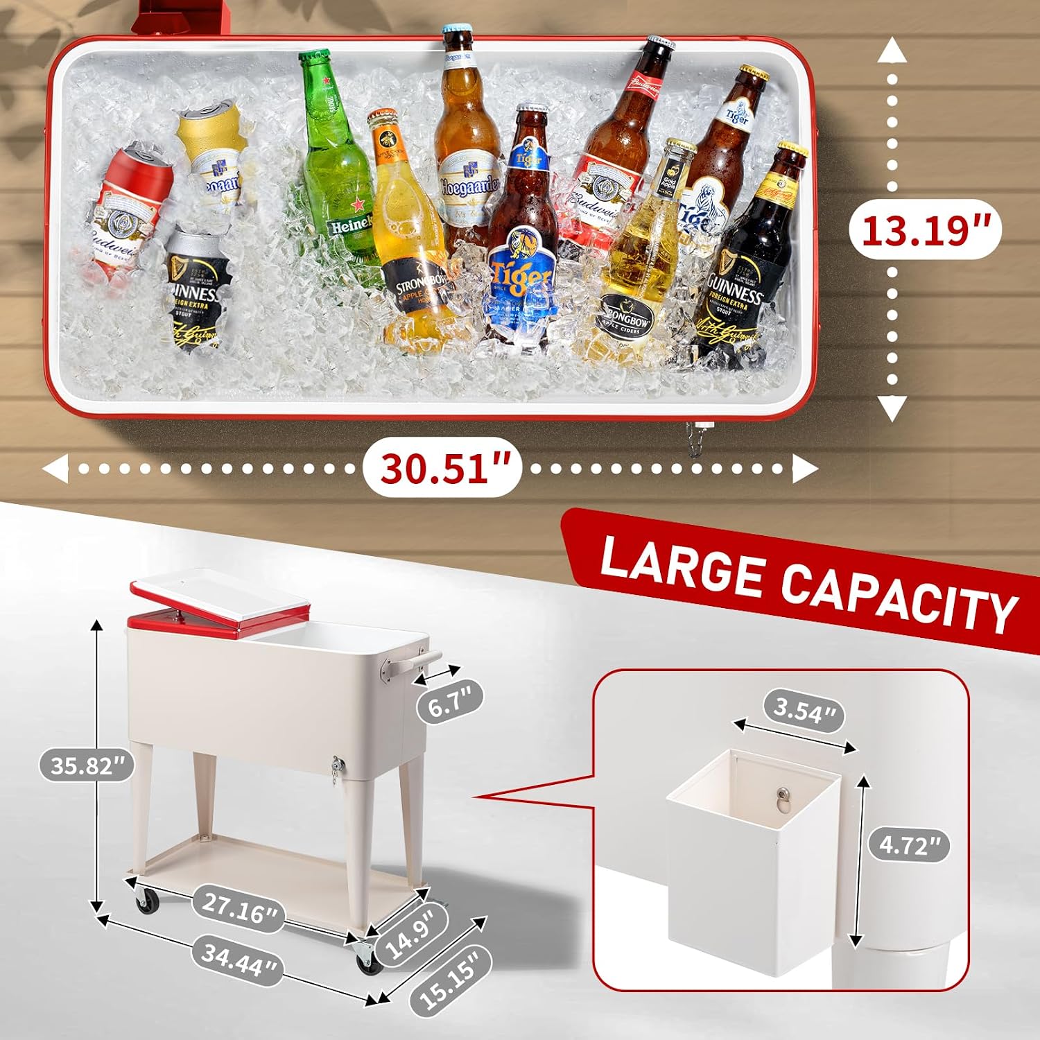 Outvita 80 Quart Rolling Ice Chest, Portable Bar Drink Cooler with Catch Basin, Bottom Storage Tray and Bottle Opener for Patio Party BBQ Beach Activities