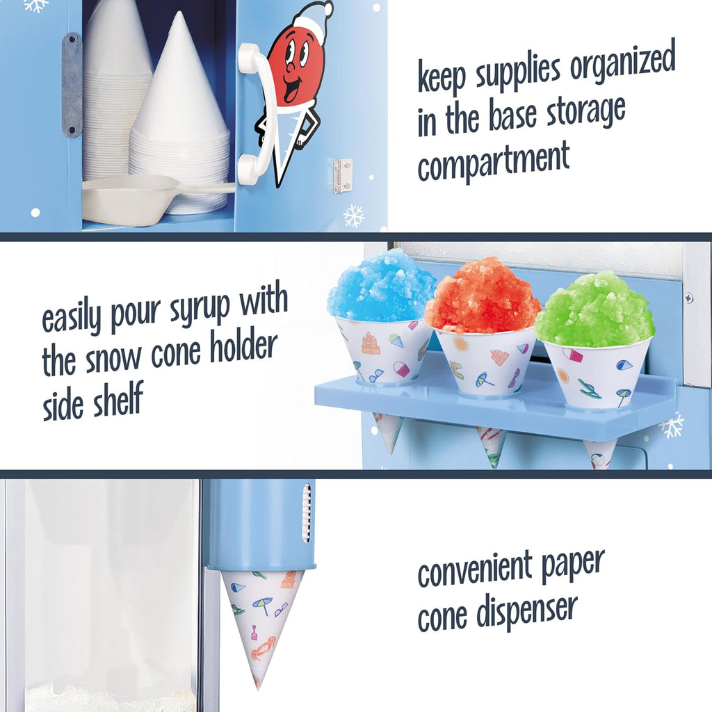 Nostalgia Snow Cone Shaved Ice Machine - Retro Cart Slushie Machine Makes 72 Icy Treats - Includes Metal Scoop, 2 Syrup Bottles, 100 Paper Cups/Spoons, Storage Compartment, Wheels - Blue, 54' Tall