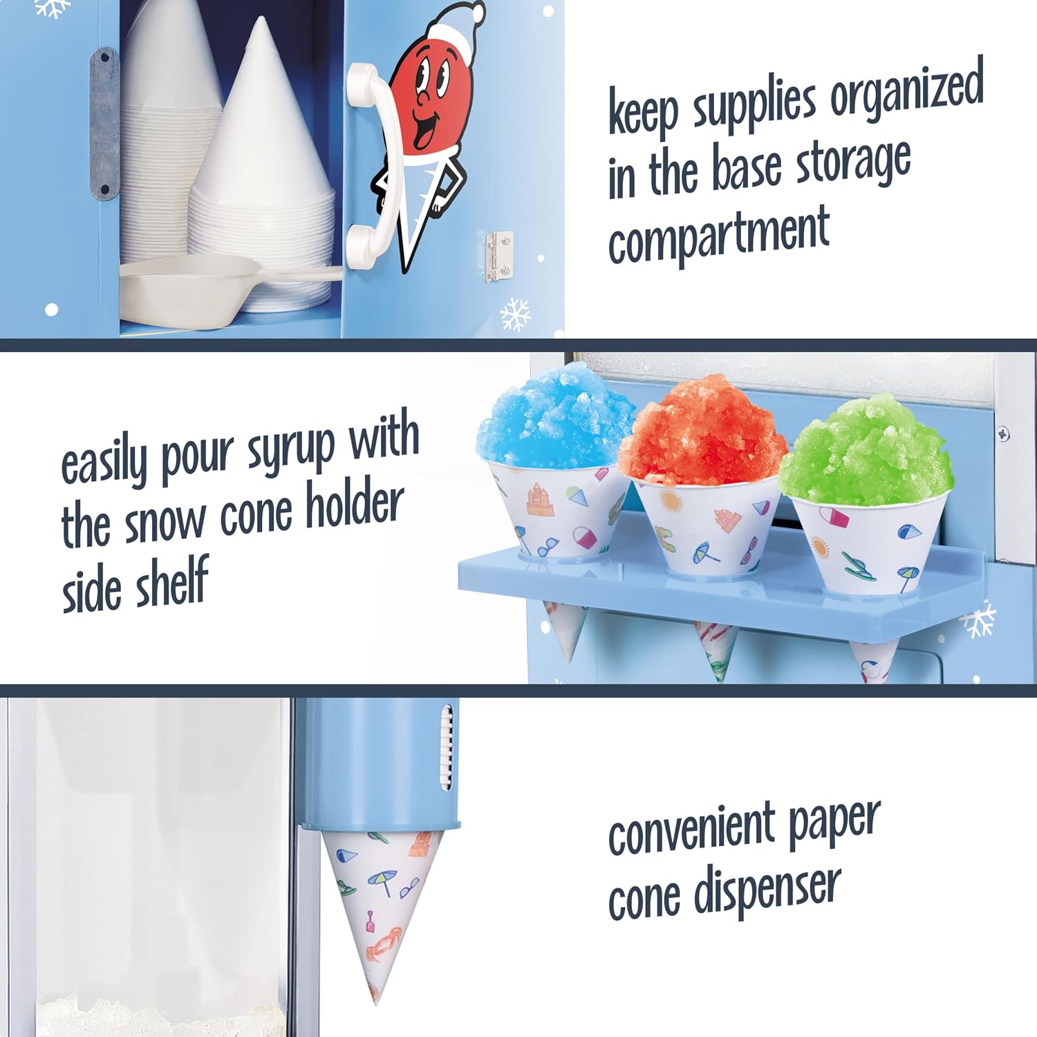 Nostalgia Snow Cone Shaved Ice Machine - Retro Cart Slushie Machine Makes 72 Icy Treats - Includes Metal Scoop, 2 Syrup Bottles, 100 Paper Cups/Spoons, Storage Compartment, Wheels - Blue, 54' Tall