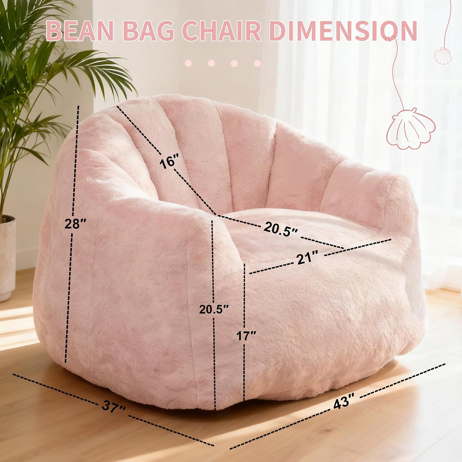 Bean Bag Chair, Giant Beanbag Chiar for Adults and Teens, Faux Fur Shell-Shaped Floor Sofa Couch with Filler, Comfy Chair for Living Room Reading, Gaming and Relax
