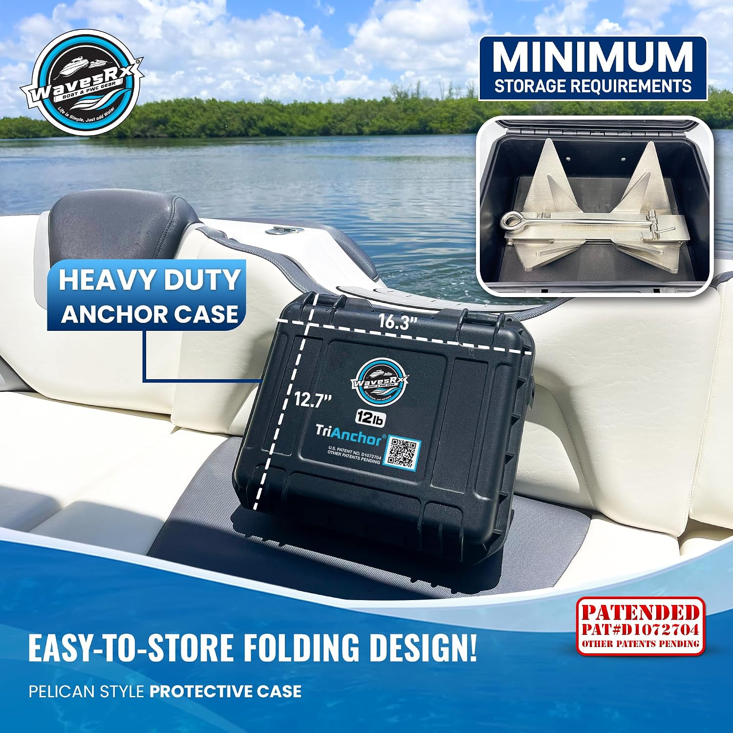 WAVESRX TriAnchor - Stainless Steel Folding PWC & Boat Anchor | Sets Instantly for Effortless Boat & Jet Ski Anchoring | Compact Patent-Pending Design Grips Better Than Plow, Fluke or Box Anchor