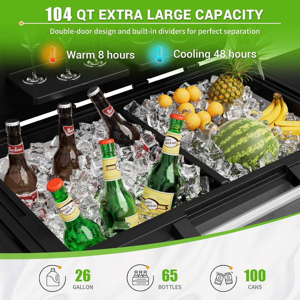 104 Quart Patio Rolling Ice Chest Large Cooler Cart with Wheels, Portable Mobile Outdoor Coolers Bar Cart with Storage Shelf & Bottle Opener for Drinks, Party, Camping, Backyard, Deck, BBQ