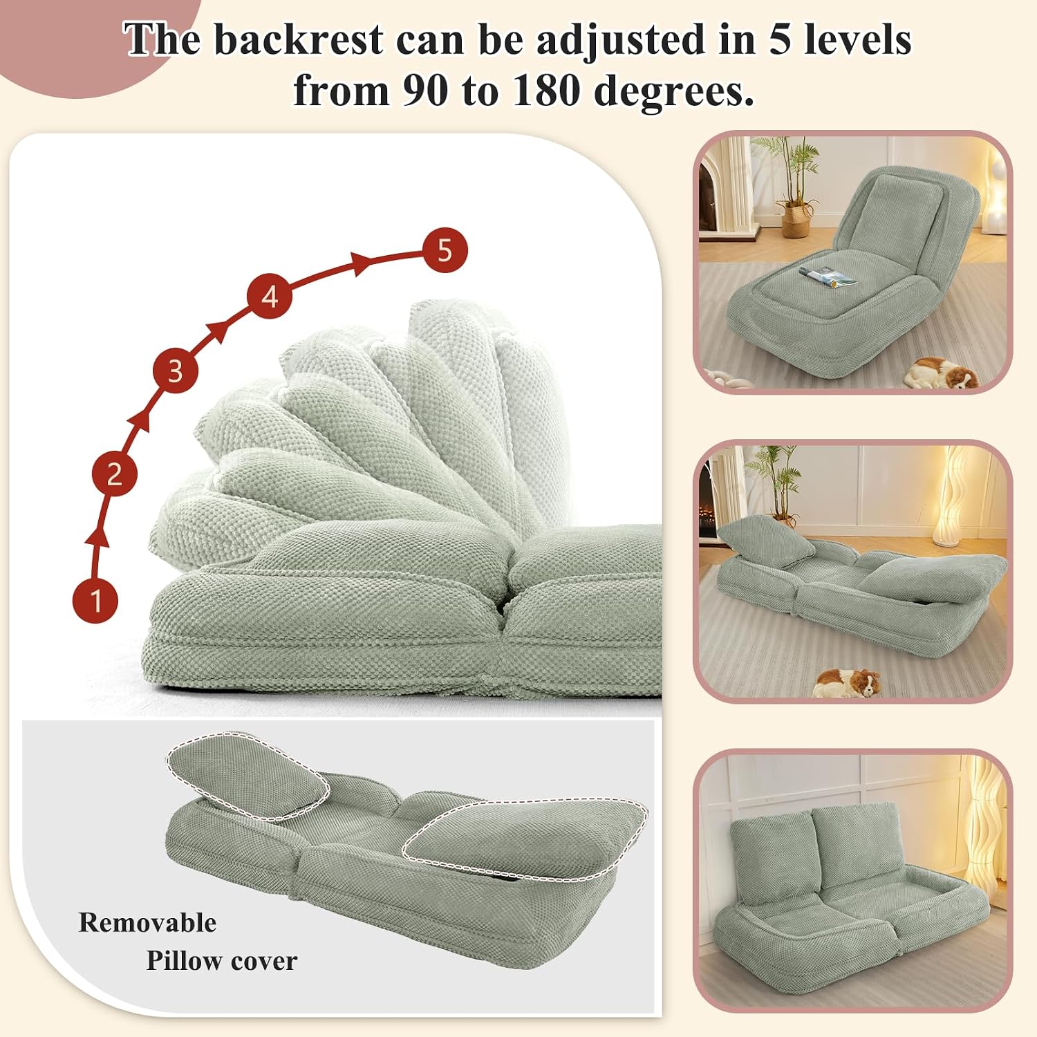 Human Dog Bed, Lazy Sofa Couch, Plush Floor Gaming Chair,5 Adjustable Position, sit, Sleep, fold, Suit to Put in Bedroom, Living Room,Space Saving Design (Green)
