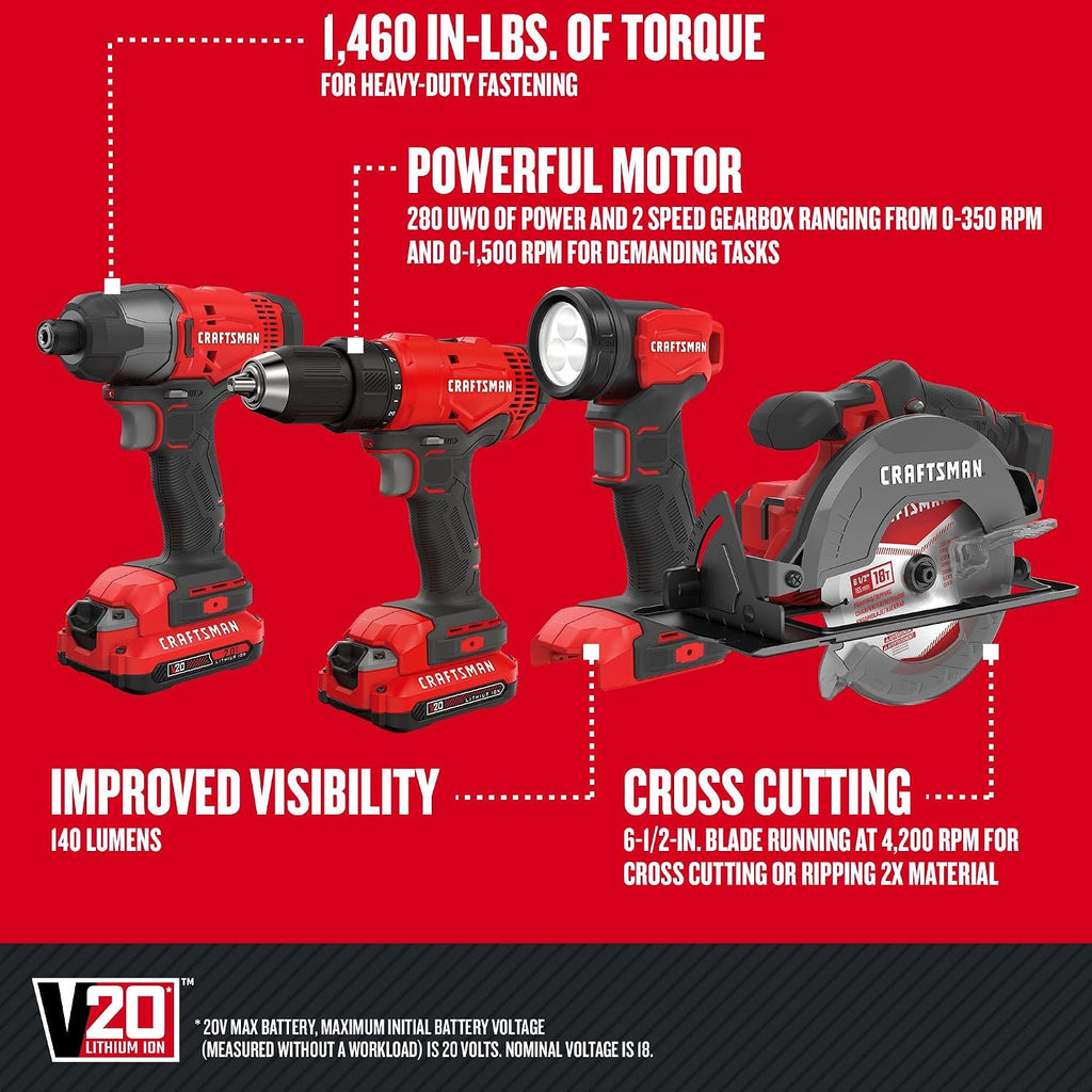 CRAFTSMAN V20 MAX Cordless Power Tool Kit, Circular Saw with 6 1/2 inch Blade, 1/4 inch Impact Driver, 1/2 inch Drill/Driver, LED Task Light, Battery and Charger Included (CMCK401D2AM)