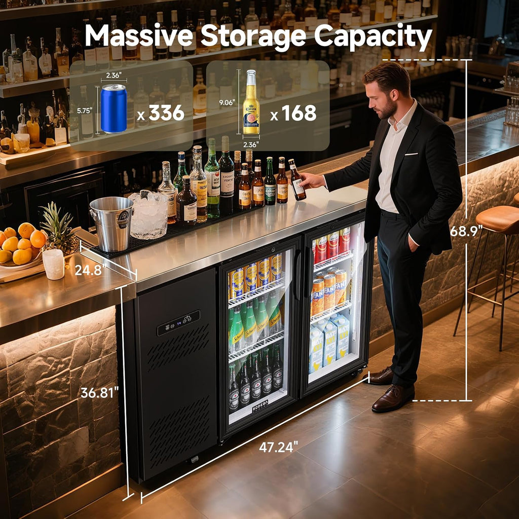 BODEGACOOLER Commercial Back Bar Cooler with 2 Glass Doors,12 Cu.Ft Stainless Steel Commercial Counter Height Bar Refrigerator,Display Drink Beverage Beer Fridge LED Lighting,SUS304 Top,4 Casters