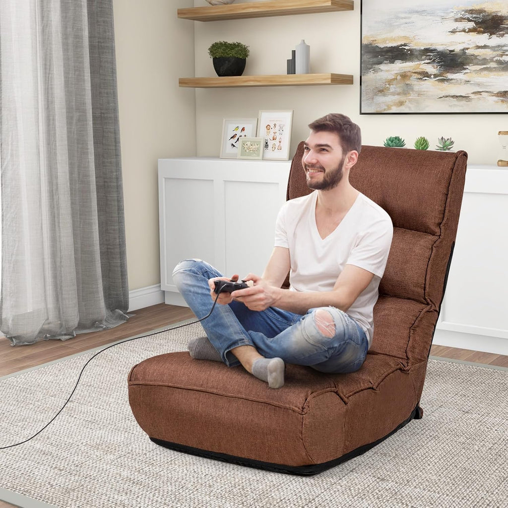 KOMFOTT Folding Floor Chair for Adults, Floor Gaming Chair with 5-Position Adjustable Headrest & 4-Position Adjustable Backrest, Side Pocket, Floor Seating Lazy Sofa for Reading, Meditating, Brown