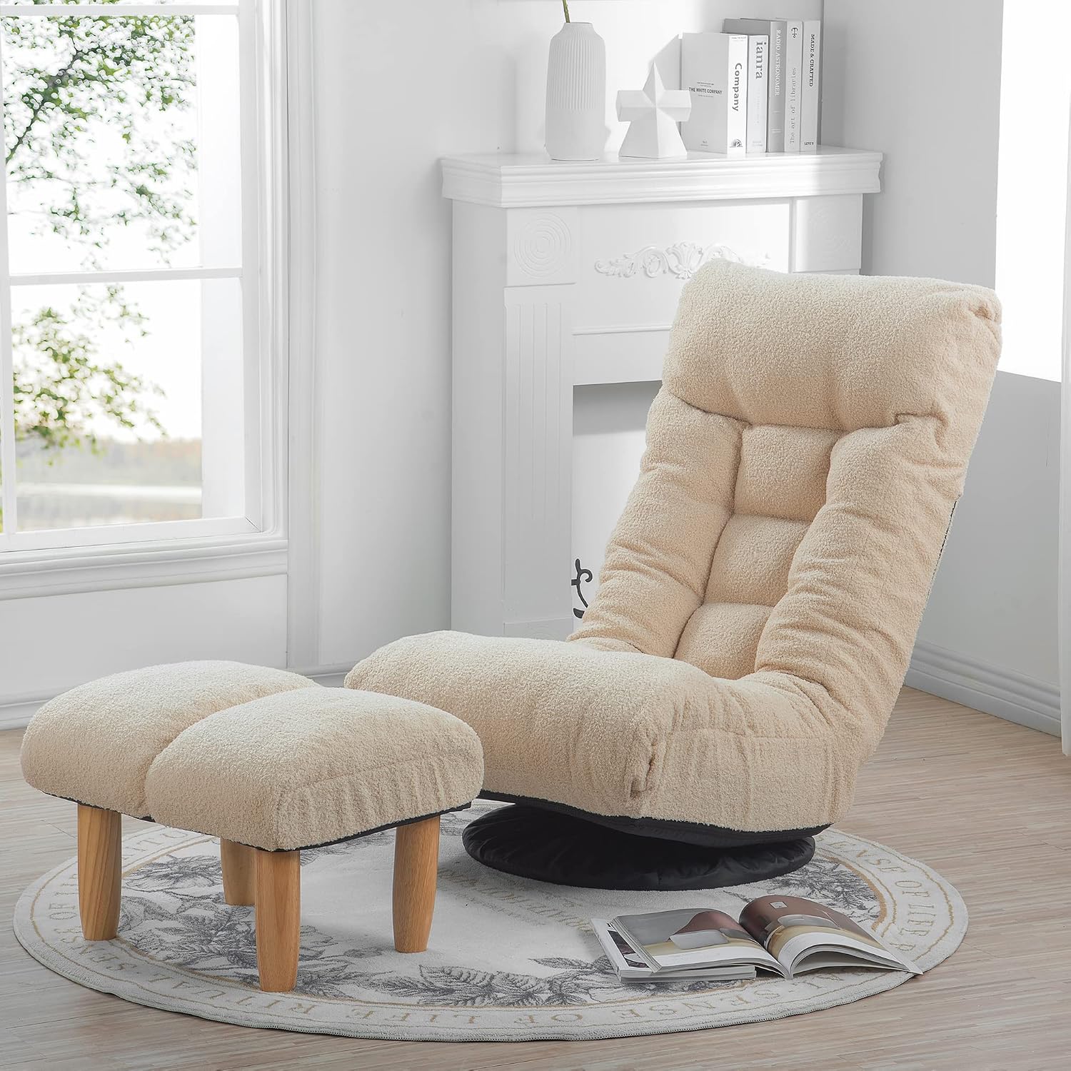 360° Swivel Floor Gaming Chair, Floor Chair, 14 Adjustable Head Segments 3 Waist Segments, Ergonomic Recliner for Gaming Reading Living Room, Includes Footrests (White)