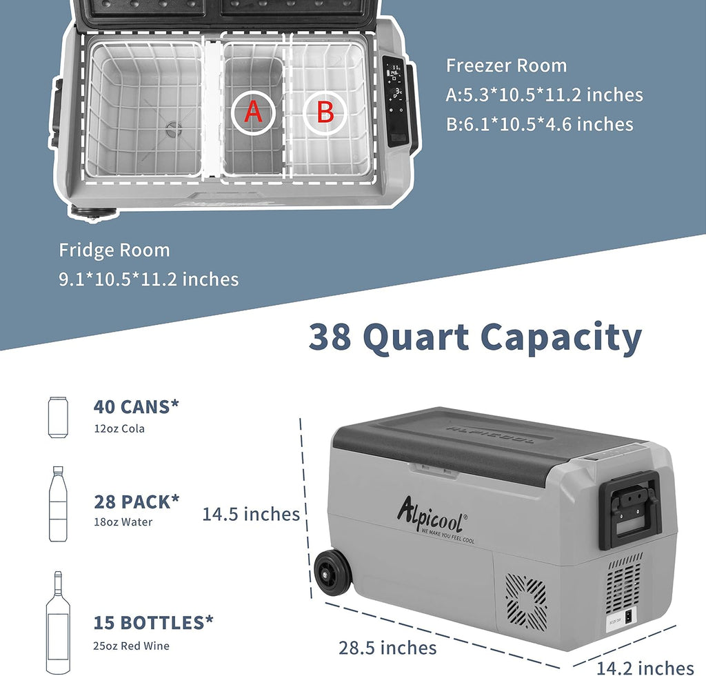 Alpicool T36 Dual Temperature Control 12 Volt Refrigerator 38 Quart Portable Car Fridge Freezer (-4°F~68°F) for Truck, RV, Boat, Camping and Travel