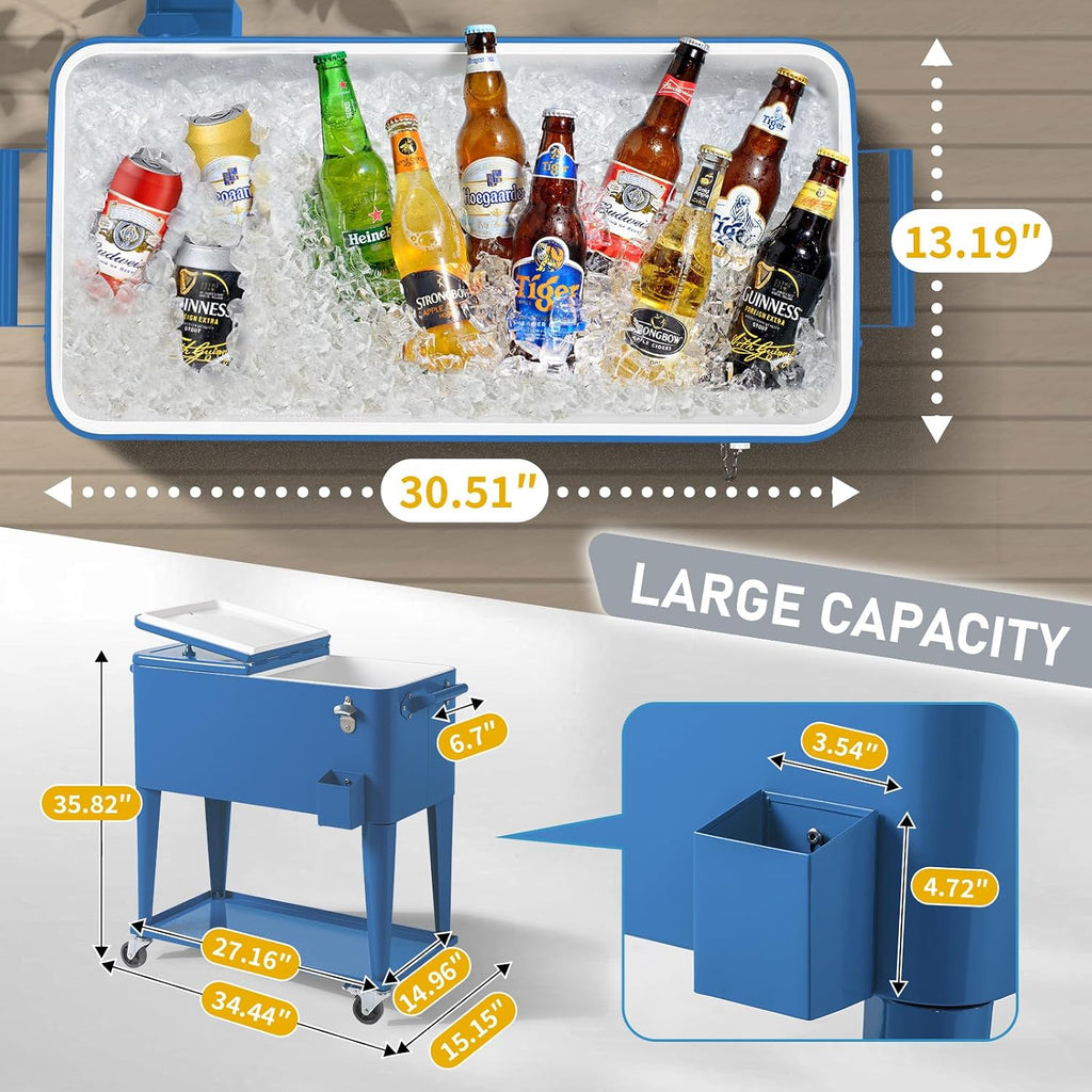 Outvita 80 Quart Rolling Ice Chest, Portable Bar Drink Cooler with Catch Basin, Bottom Storage Tray and Bottle Opener for Patio Party BBQ Beach Activities