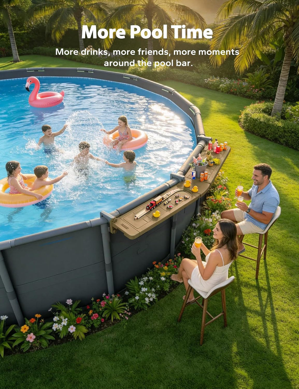 POOLHACKER Poolside Bar Extended for Above-Ground Round Pools, Original Swim-Up Bar Table, Foldable Patio Poolside Table, Weather-Resistant Stable Tabletop, Easy Maintenance, Brown