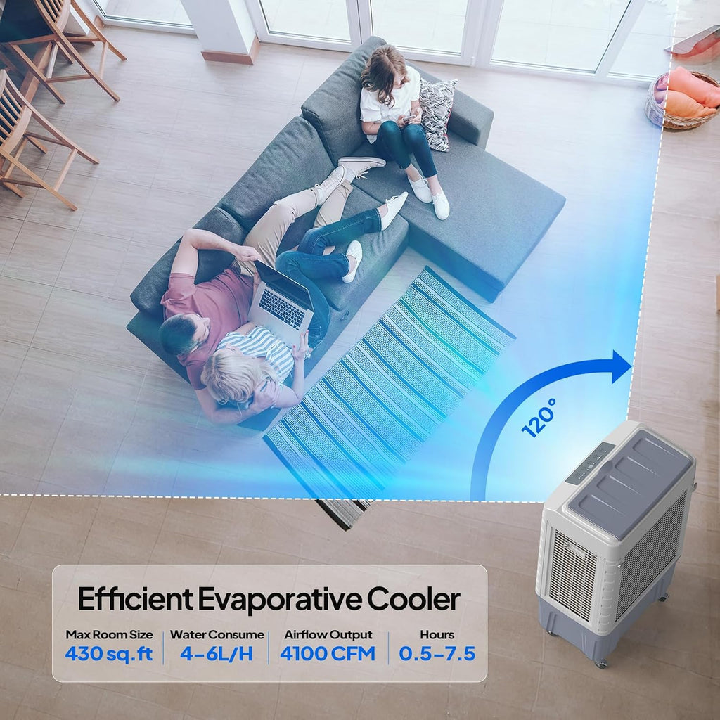 ROVSUN 4100CFM Portable Air Cooler, 13.2Gal/50L Evaporative Swamp Cooler, 3-IN-1 Cooling Fan with Remote Control, 3 Speeds, 7.5H Timer & 4 Ice Box, Humidifying Oscillating Fan for Indoor or Outdoor
