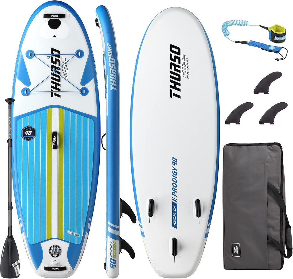 THURSO SURF Prodigy Junior Kids Inflatable SUP Stand Up Paddle Board 7'6 x 30'' x 4'' Two Layer Includes Adjustable Carbon Shaft Paddle/3 Fins/Leash/Duffle Bag/NO Pump Included
