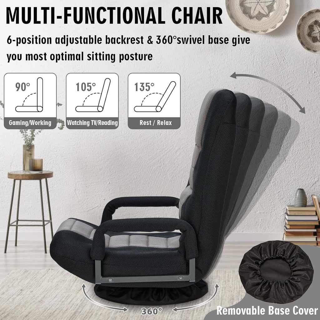 Swivel Floor Gaming Chair w/Armrests,Folding Video Reclining Sofa w/6 Adjustable Position, Padded Backrest & Cushion, Lazy Lounger Couch for E-Sports, Reading, Relaxing, Watching TV, Grey