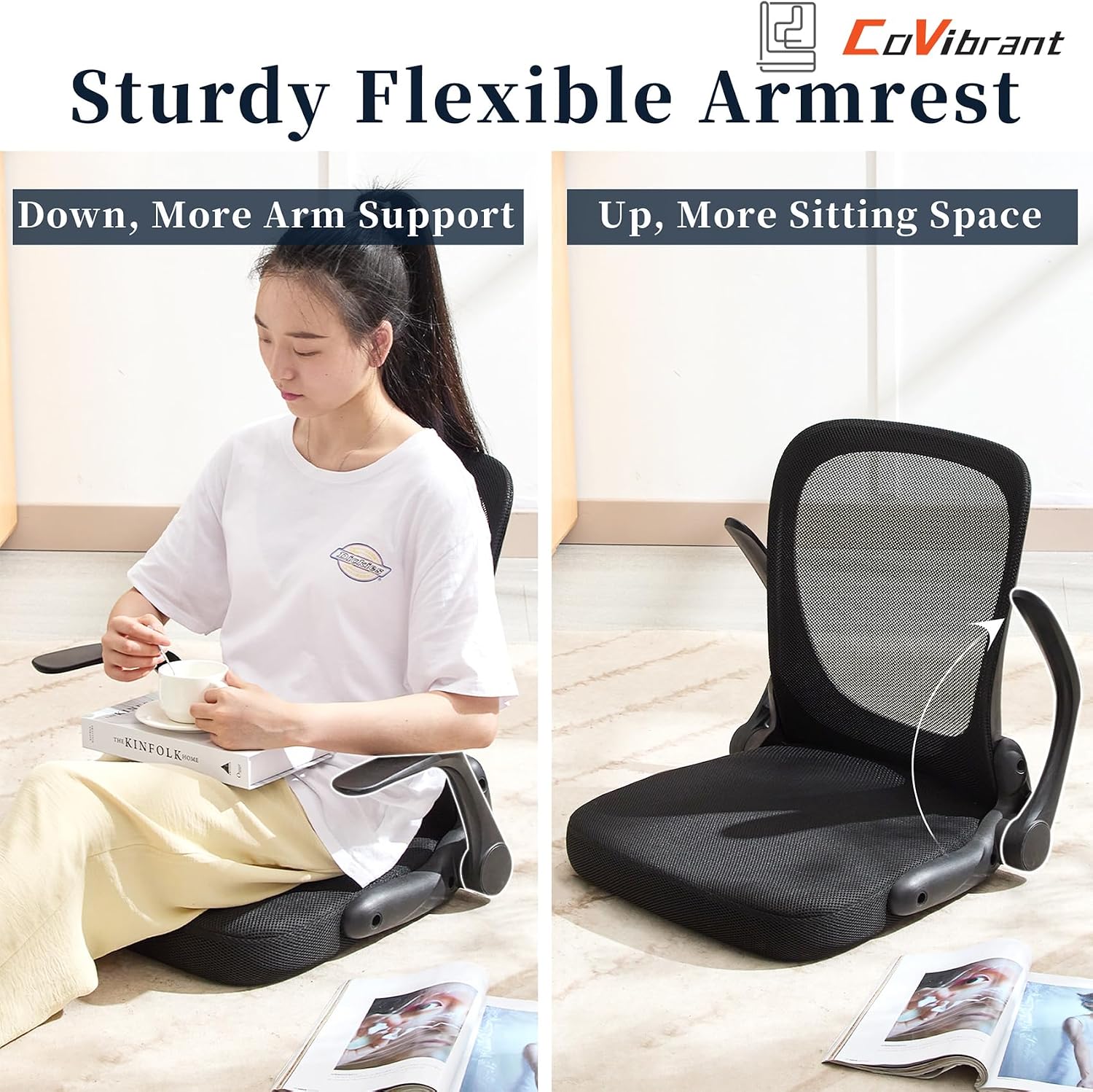 Ergonomic Floor Chair Foldable - Adjustable Armrest & Mesh Back, Thick Cushioned Seat for Gaming Reading Meditation, Multi-Use for Living Room, Bed, Tatami