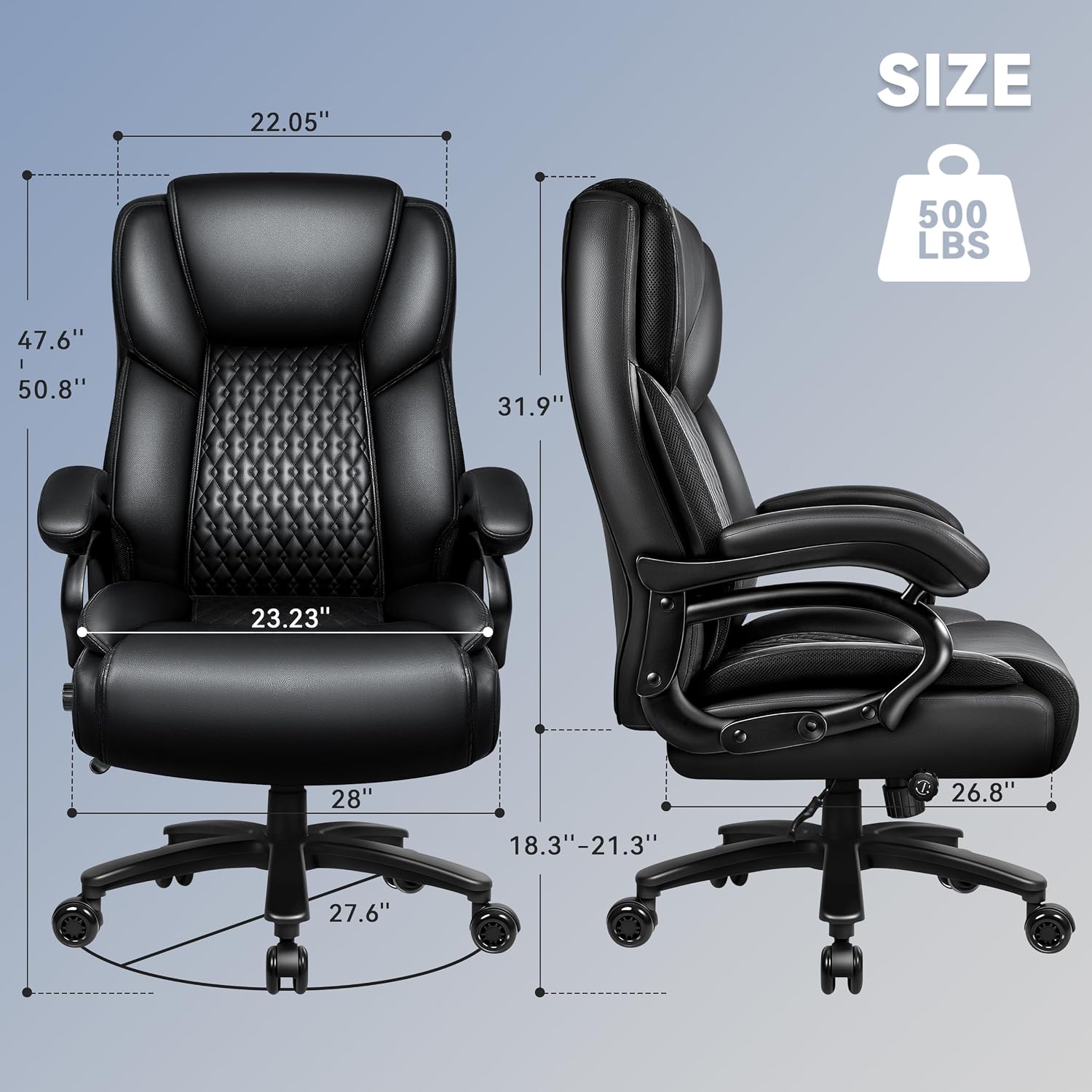 Big and Tall Office Chair 500lbs, Heavy Duty Executive Office Leather Chair for Heavy People, High Back Ergonomic Office Chair with Lumbar Support & Quiet Rubber Wheels, Extra Padded Seat, Black