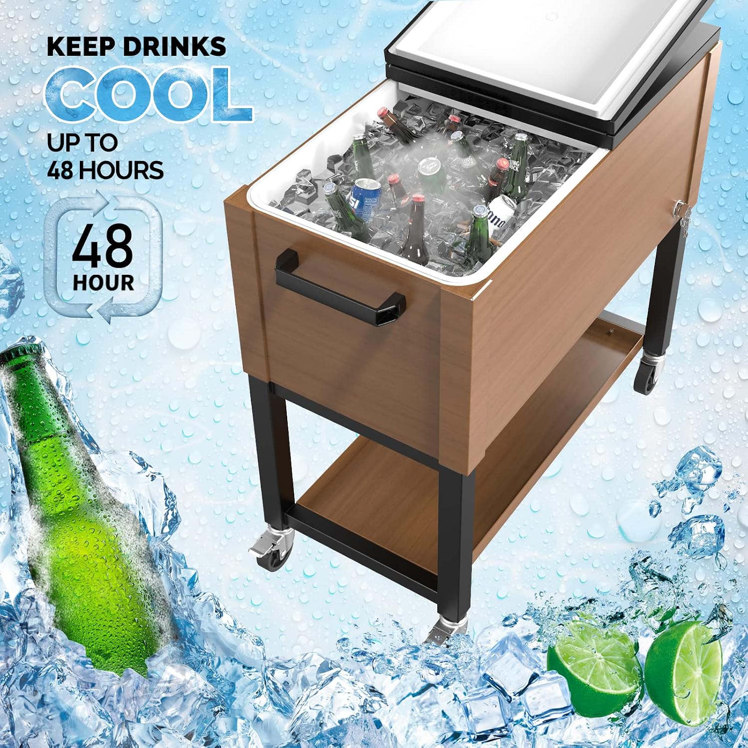 VINGLI 80 Quart Rolling Ice Chest on Wheels, Patio Cooler Cart, Beverage Rolling Cooler for Outdoor Patio Deck Party