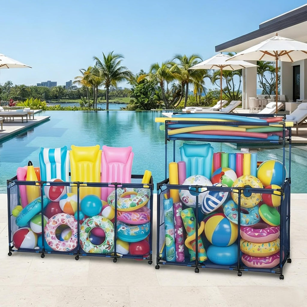 Yescom 2 Pack Pool Float Storage Bin Basket for Toy Raft Noodles Outdoor Metal Frame Mesh Net Rolling Organizer Cart Blue