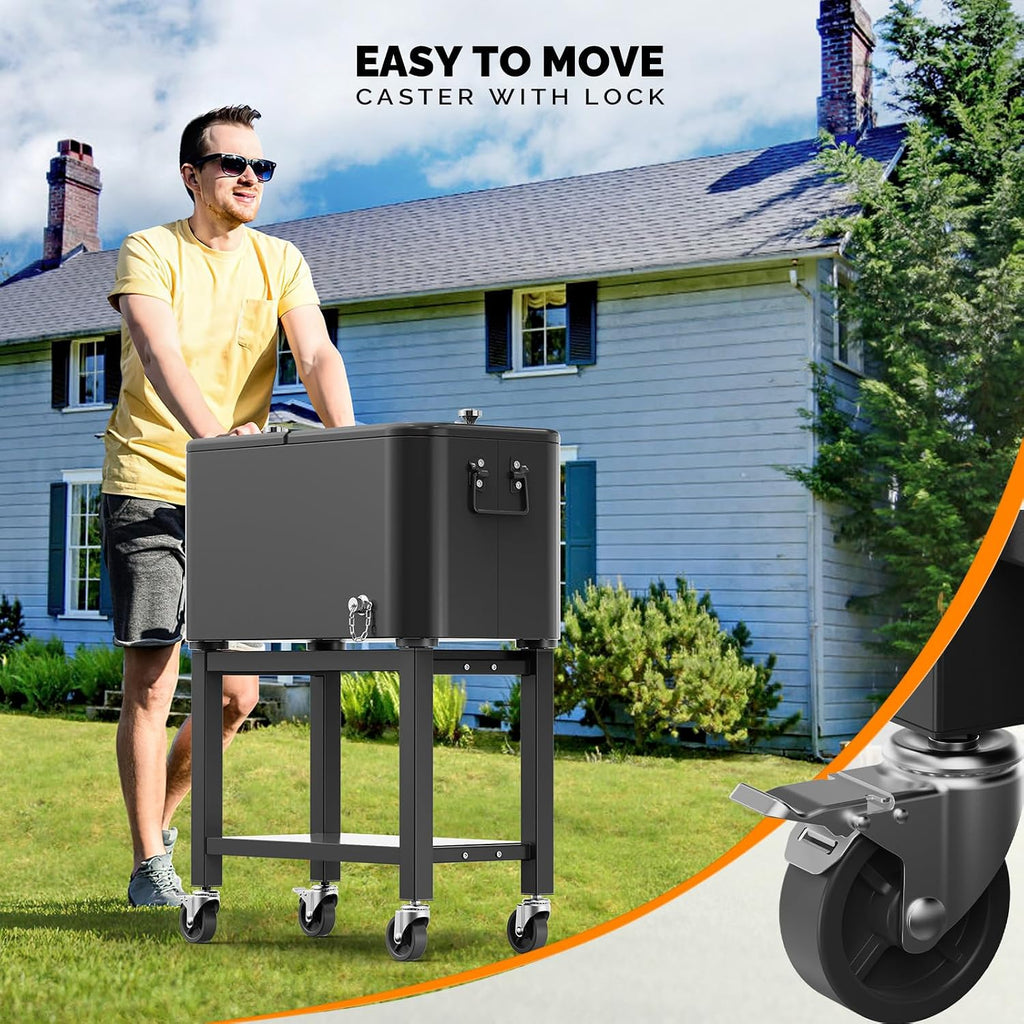 VINGLI Patio Cooler, Rolling Ice Chest on Wheels, Portable Patio Party Bar Drink Cooler Cart, with Shelf, Beverage Pool with Bottle Opener,Water Pipe
