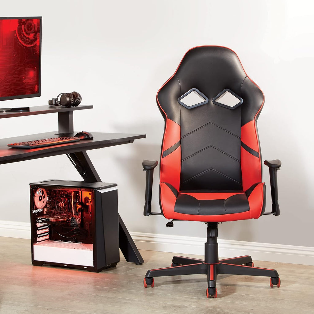 OSP Home Furnishings Vapor Ergonomic Adjustable High Back Faux Leather Gaming Chair with Coil Spring Seat and Integrated Cooling Airflow, Red Accents