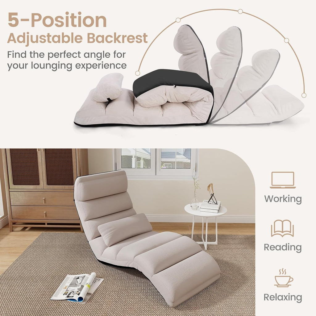 KOMFOTT Foldable Floor Lazy Sofa with Pillow, Indoor Chaise Lounge with 5 Adjustable Positions, Adjustable Back Support & Footrest, Video Gaming Chair for Home, Office, Reading, Watching (Beige)
