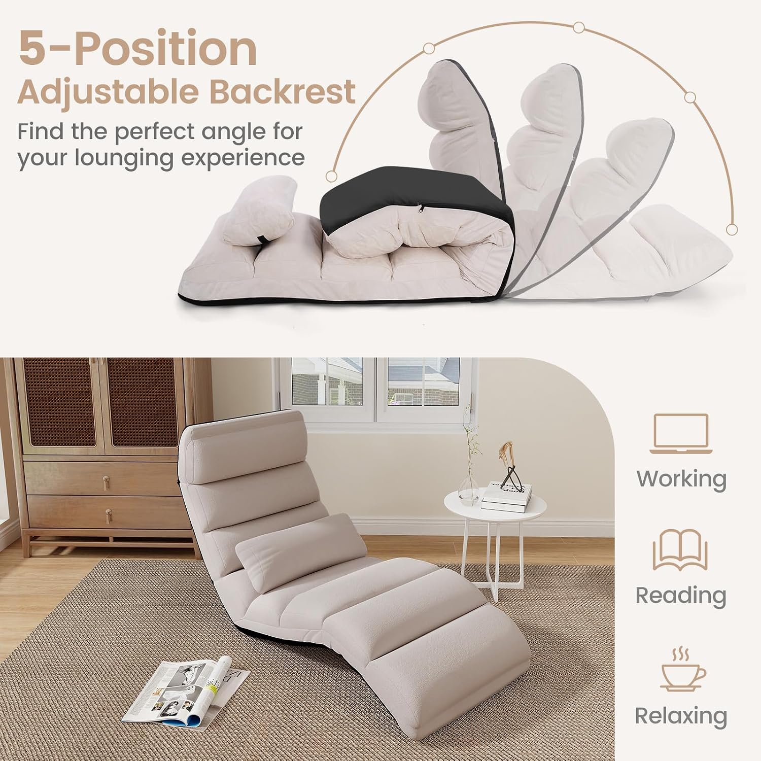 KOMFOTT Foldable Floor Lazy Sofa with Pillow, Indoor Chaise Lounge with 5 Adjustable Positions, Adjustable Back Support & Footrest, Video Gaming Chair for Home, Office, Reading, Watching (Beige)