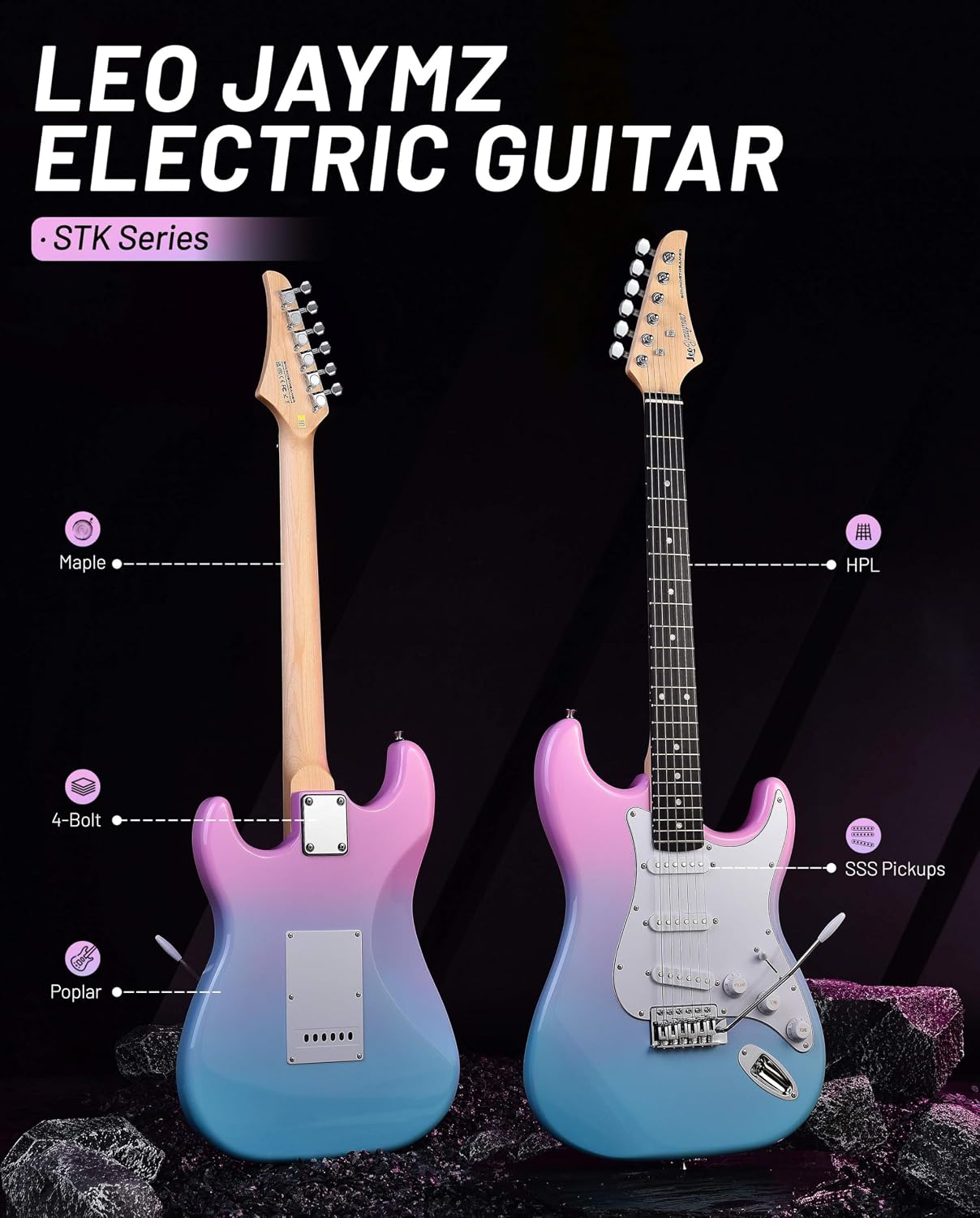 Leo Jaymz Beginner Electric Guitar Complete Kit with Portable Amp, Padded Gig Bag & Full Accessories, Maple Neck SSS Pickups(Pink-Blue Fade)