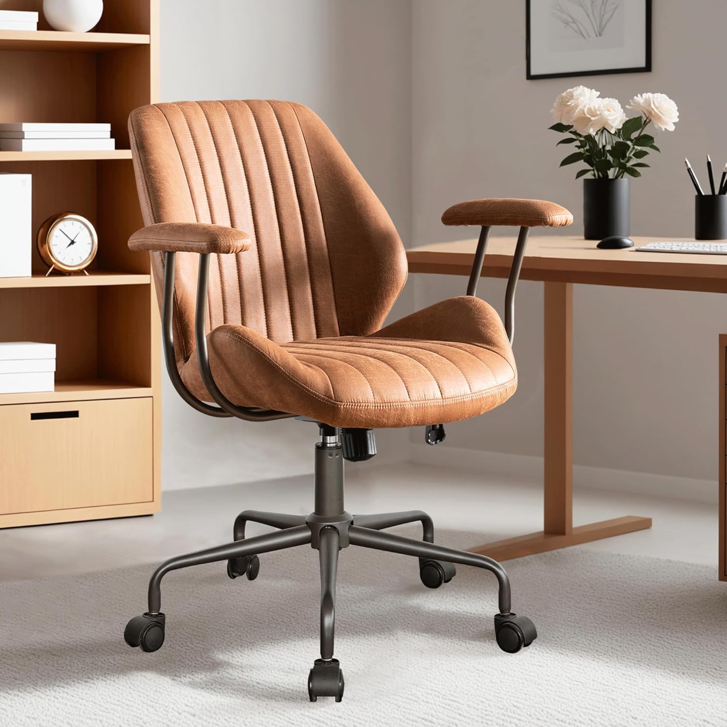 ovios Ergonomic Office Chair, Mid Back Faux Leather Executive Chairs with Armrests, Comfy Mid-Century Modern Swivel Rolling Computer Armchair (Brown, Suede Leather)