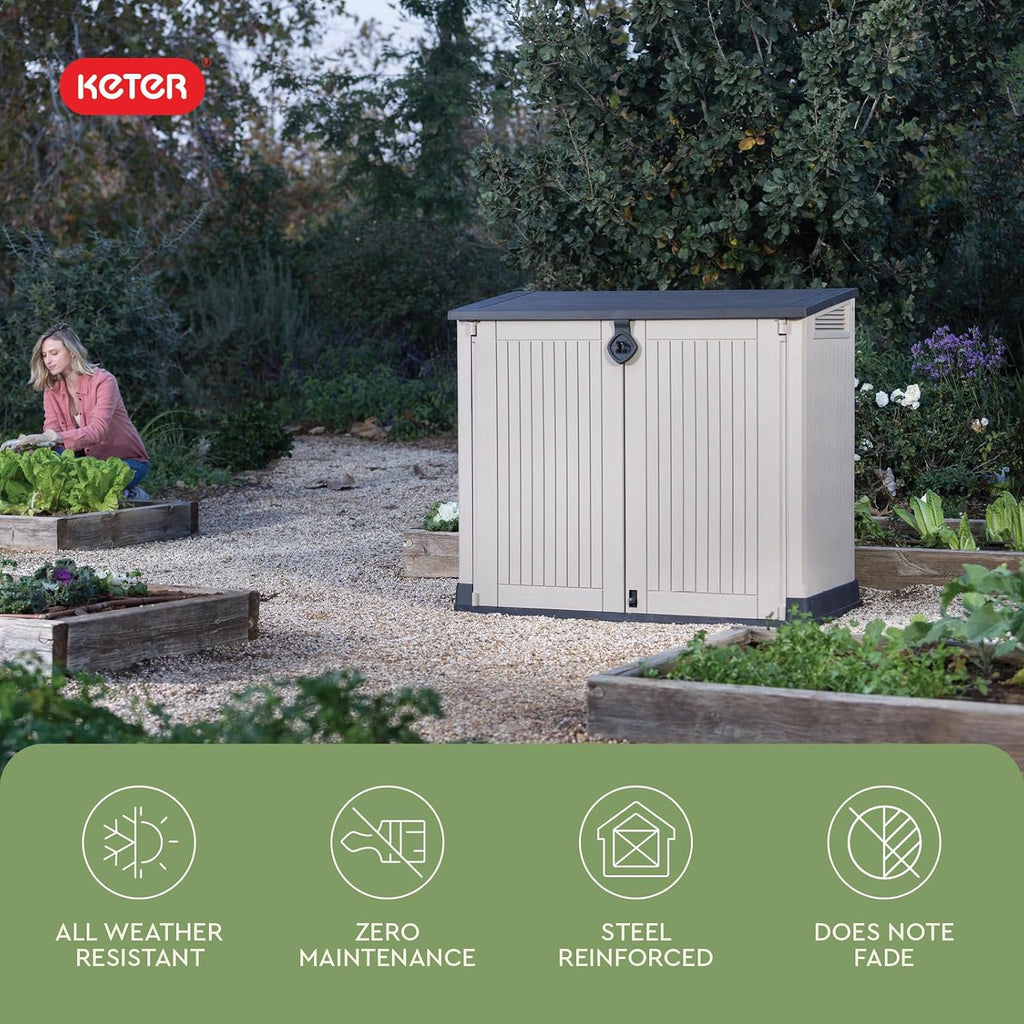 Keter Store-It-Out MIDI Outdoor Resin Storage Shed – Weather-Resistant Horizontal Cabinet for Trash Cans, Garden Tools & Patio Accessories – Lockable, Easy-Lift Lid, 30 Cu. Ft. Capacity, Beige