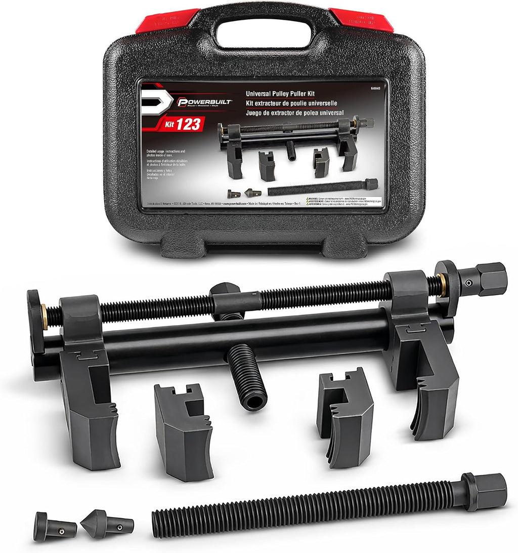 Powerbuilt Universal Pulley Puller Kit, Specialty Engine and Drive Train Tool Set, Remove Serpentine Pulleys, Service Car Vehicles, Storage Case 648443