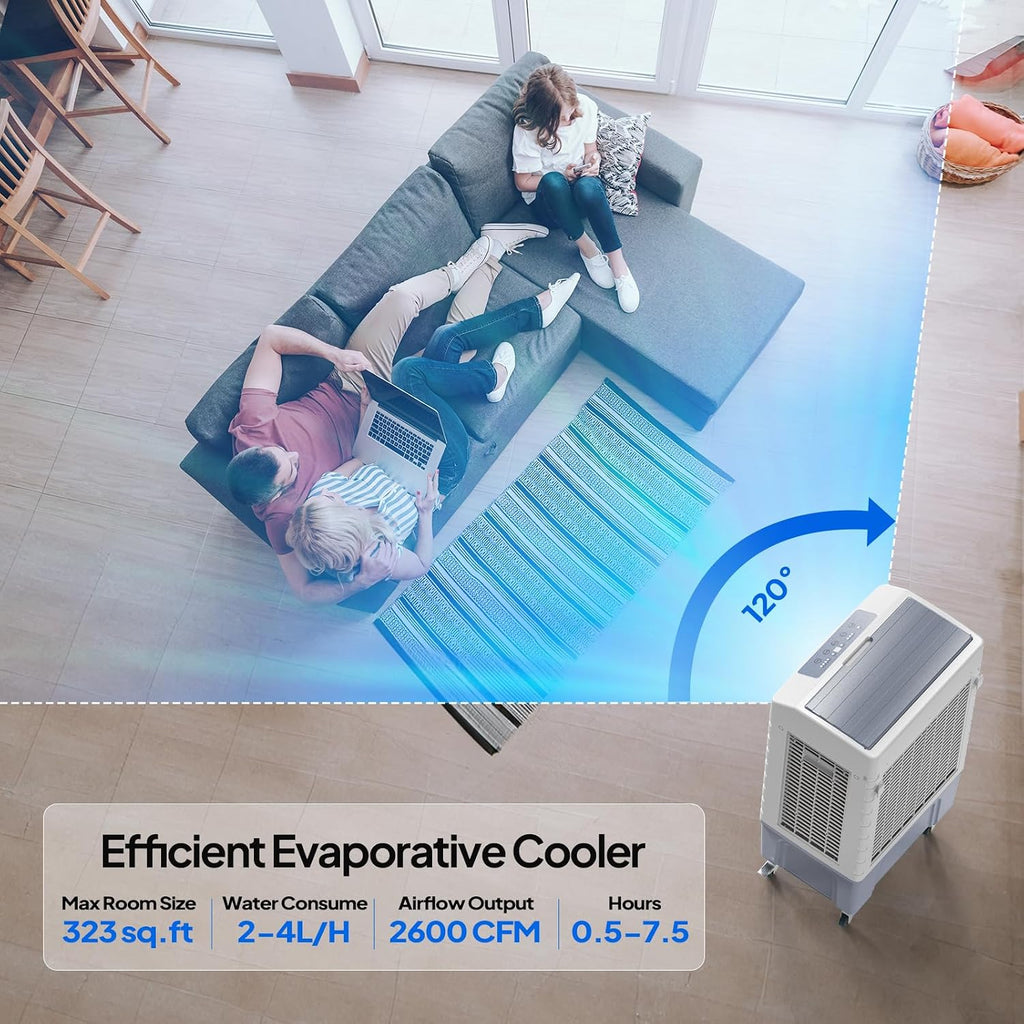 ROVSUN 2600CFM Portable Air Cooler, 10.5Gal/40L Evaporative Swamp Cooler, 3-IN-1 Cooling Fan with Remote Control, 3 Speeds, 7.5H Timer & 4 Ice Box, Humidifying Oscillating Fan for Indoor or Outdoor