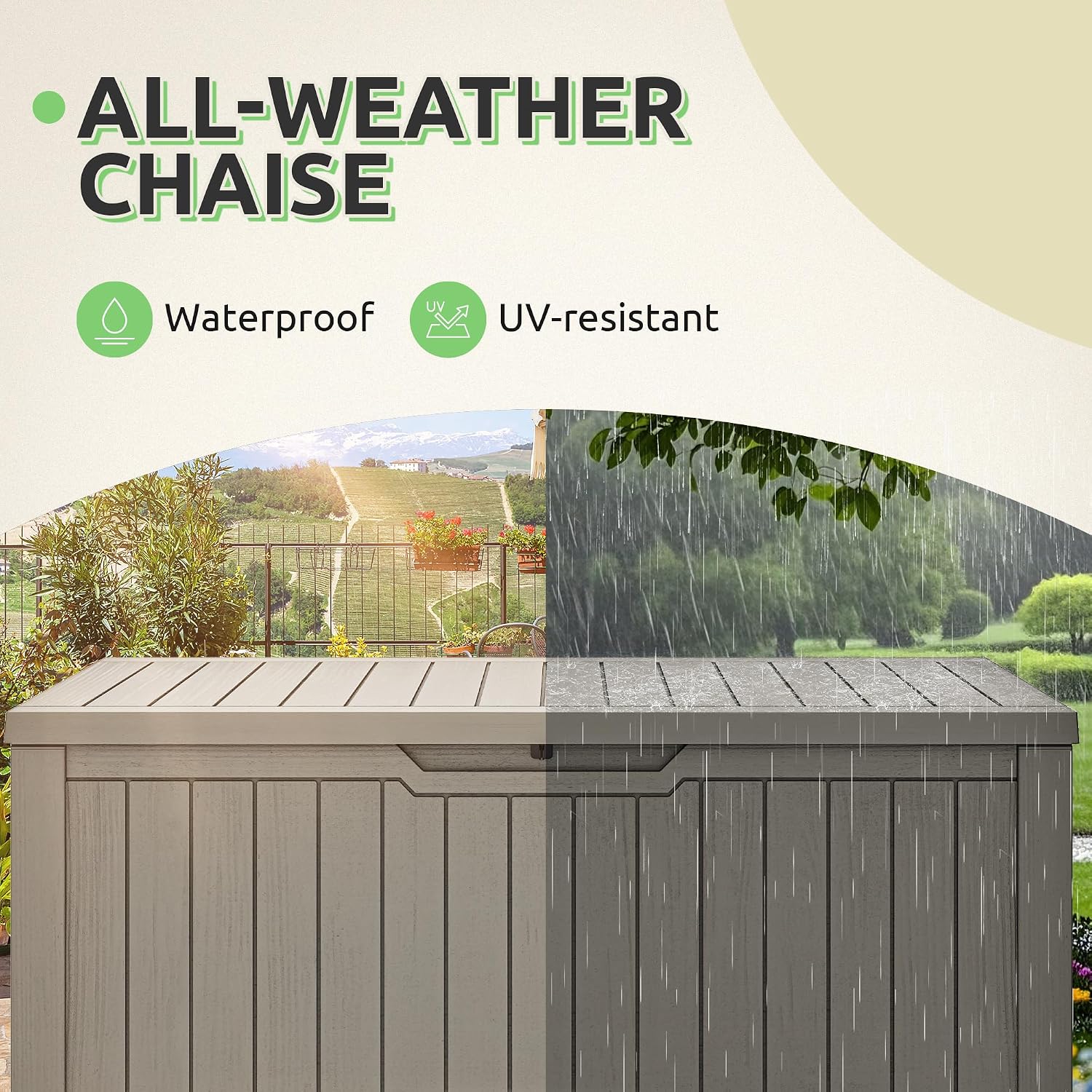 GOOBED 120-Gallon Deck Box, Waterproof Outdoor Storage Chest for Garden Tools, Pool Supplies, and Sports Gear, Lockable Lid, Multi-Purpose Bench or Table, Easy Assembly (Taupe