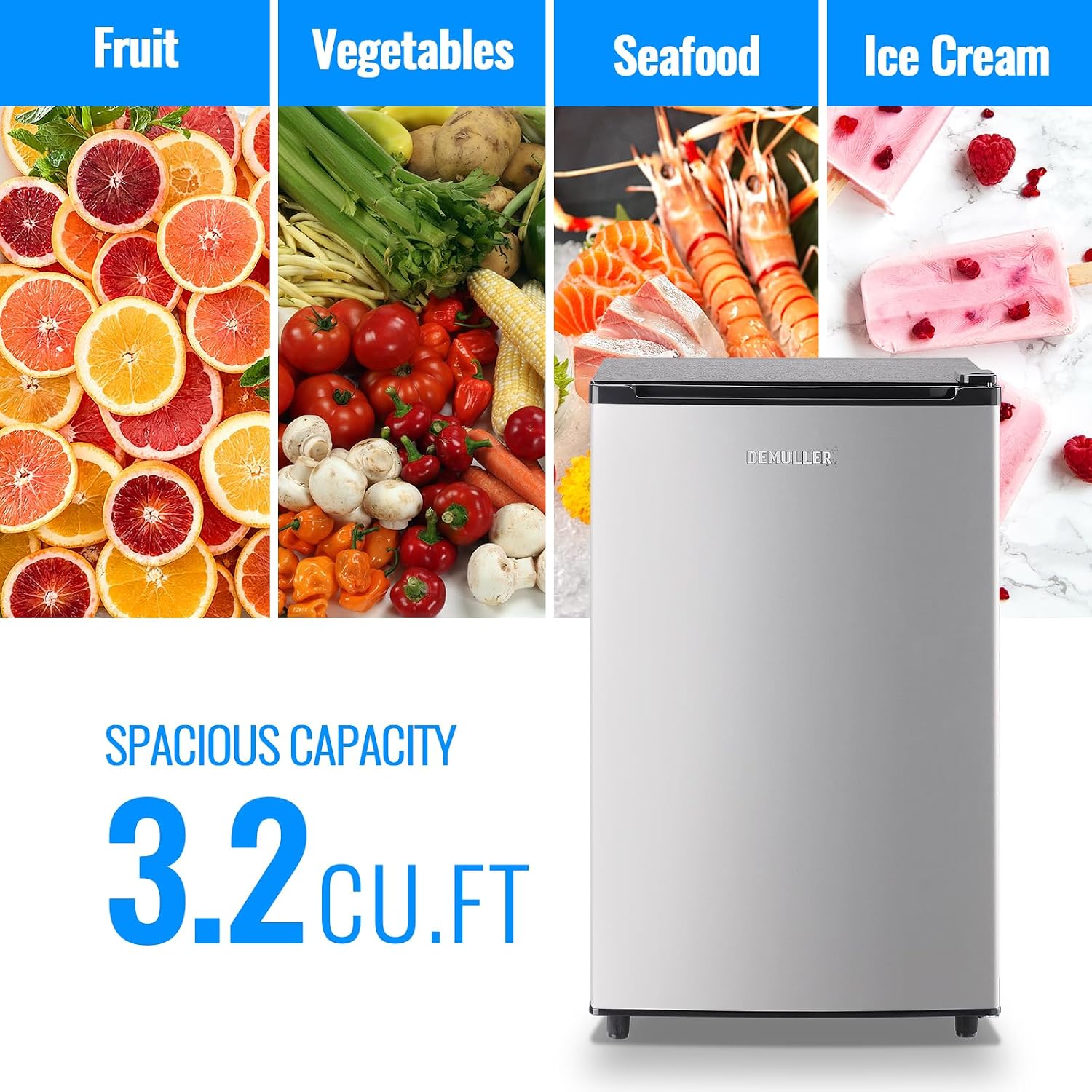 DEMULLER 3.2 Cu.Ft Upright Freezer with 7 Adjustable Thermostat Stand-up Single Door Compact Freezers with Rapid Cooling Technology for Home Kitchen Dorm Silver