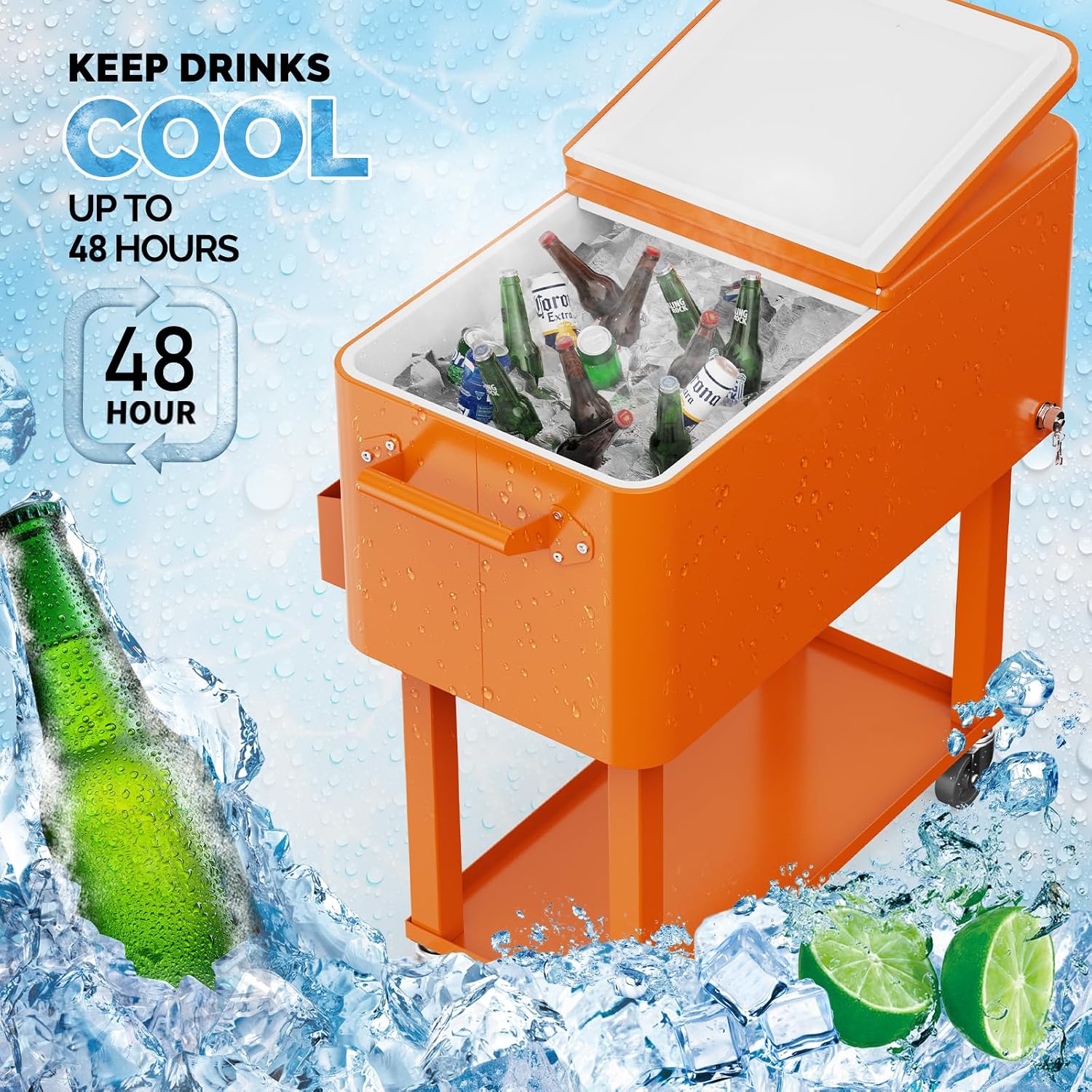 VINGLI Rolling Ice Chest, Portable Patio Party Bar Drink Cooler Cart, with Shelf, Beverage Pool with Bottle Opener